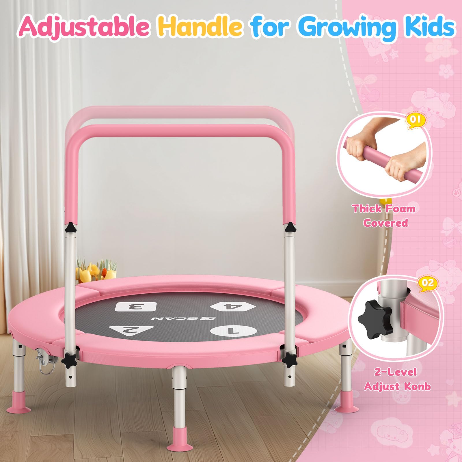 BCAN 36'' Foldable Toddler Trampoline with Adjustable Handle - Safe Mini Trampoline for Kids Ages 1-6 - Indoor/Outdoor Baby Jumping Toy with Safety Pad & Foldable Legs - Perfect Gift for Boys & Girls - Ideal for Playrooms, Backyards & Birthday Parties