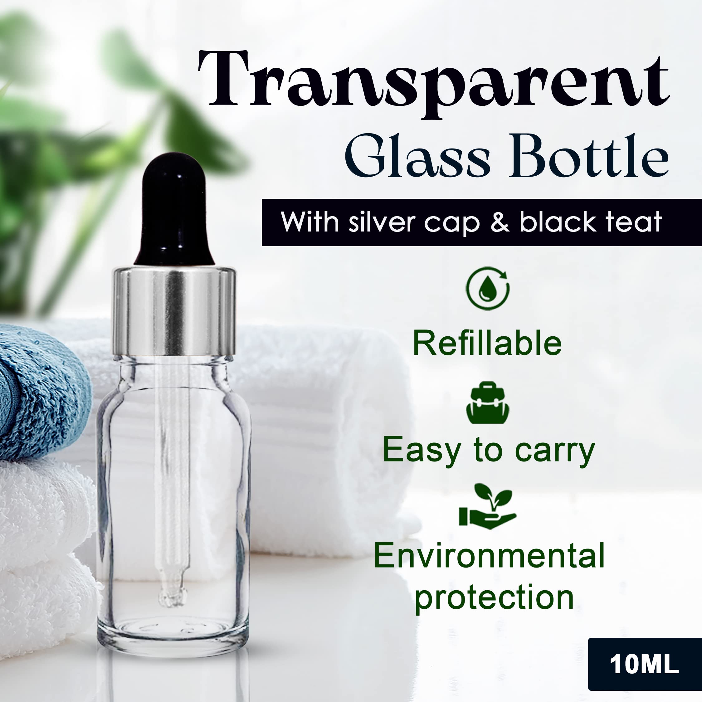 NSB Herbals 10ml Clear Round Empty Glass Bottle with Glass Dropper, Silver Ring & Black Silicone Teat - Refillable for Essential Oils, Perfumes, Aromatherapy (Pack of 3) - Perfect for DIY Blends, Travel Size & Home Fragrance