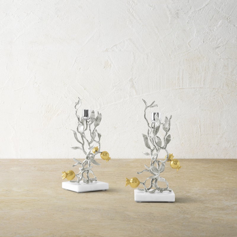 Elegant Silver & Gold Pomegranate Candle Holders Set of 2 - Perfect for Holiday Decor, Wedding Centerpieces, and Home Tabletop Decorations