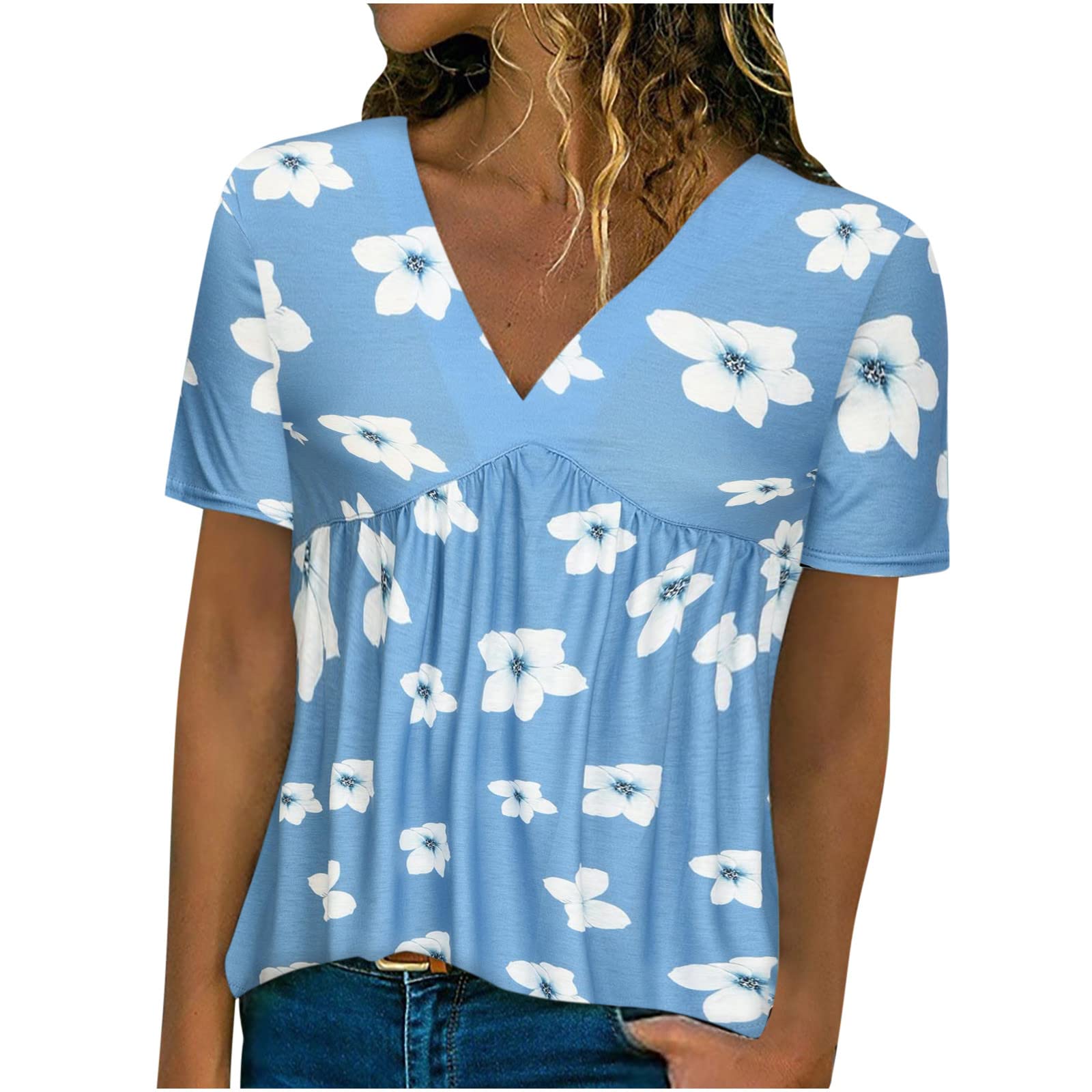 Women's Summer Tops - Pleated Printed V-Neck Short Sleeve Casual T-Shirt | Vacation Tunic Blouse for Beach, Travel & Everyday Wear