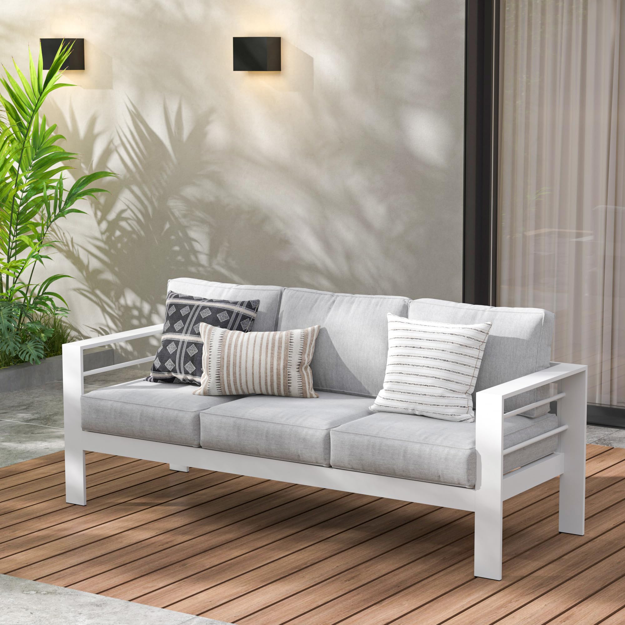 Wisteria Lane Patio Furniture Set - 3-Piece Aluminum Outdoor Sofa with Light Grey Cushions, All-Weather White Metal Garden Couch for Backyard, Poolside & Terrace Relaxation