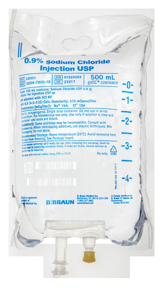 B. Braun L8001 0.9% Sodium Chloride Injection USP - Sterile IV Saline Solution for Medical Use, Hydration Therapy & Wound Care