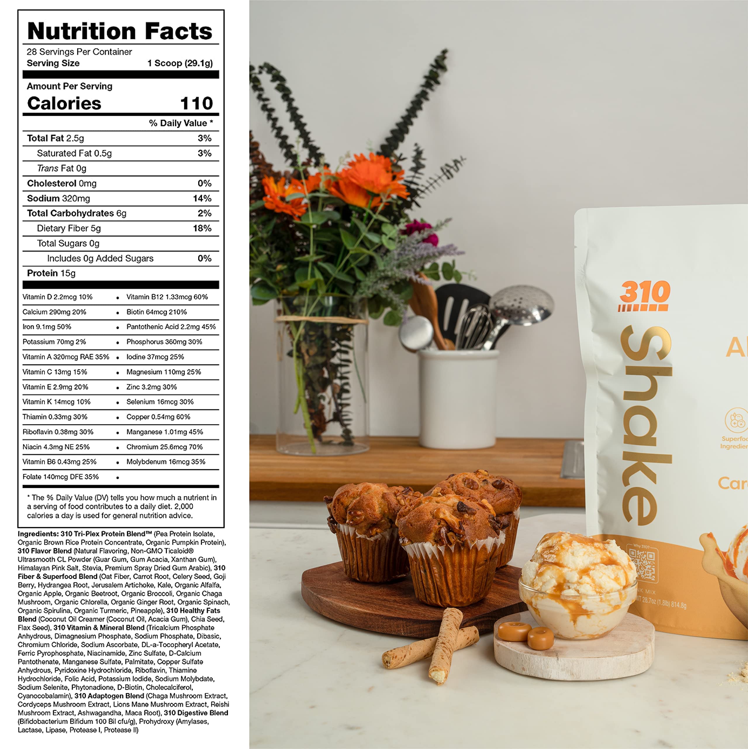 310 Nutrition All-In-One Meal Replacement Shake with Shaker Cup - Vegan Superfood Blend with Fiber, 26 Vitamins & Minerals - Low Carb, Keto, Paleo & Gluten Free - Natural Sweeteners - Caramel Sunday Flavor (28 Servings) - Perfect for Weight Loss, Post-Workout Recovery & Busy Lifestyles