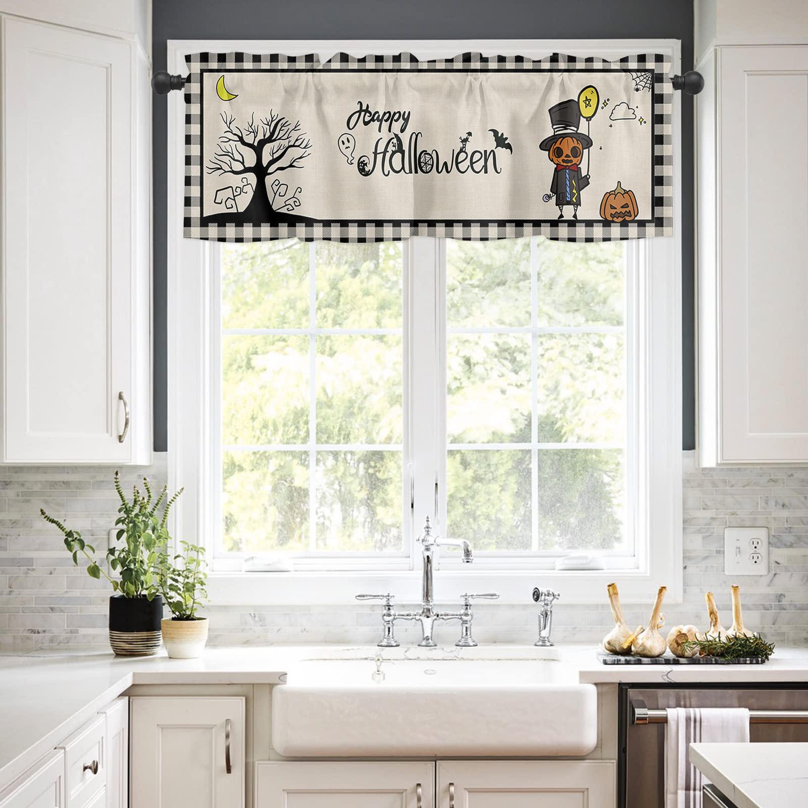 Halloween Kitchen Curtains Set - Farmhouse Black Plaid Fall Pumpkin Burlap Window Treatment with Rod Pocket, 54 x 18 inch + 27.5 x 24 inch x 2, Perfect for Seasonal Decor, Bedroom & Kitchen Windows