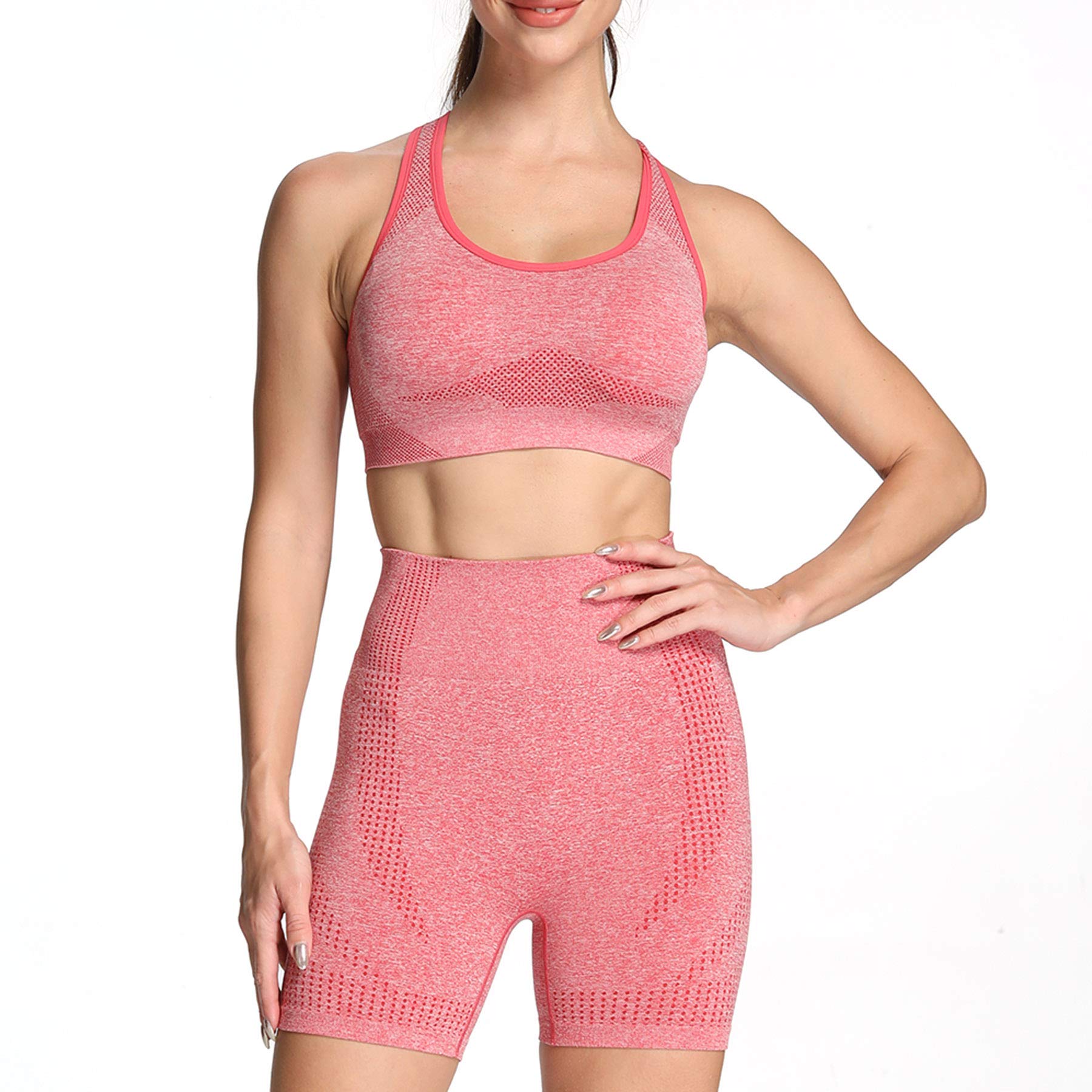 Aoxjox Seamless 2-Piece Yoga Outfit for Women - High Waist Workout Shorts & Short Sleeve Crop Top Set | Gym, Pilates & Lounge Wear