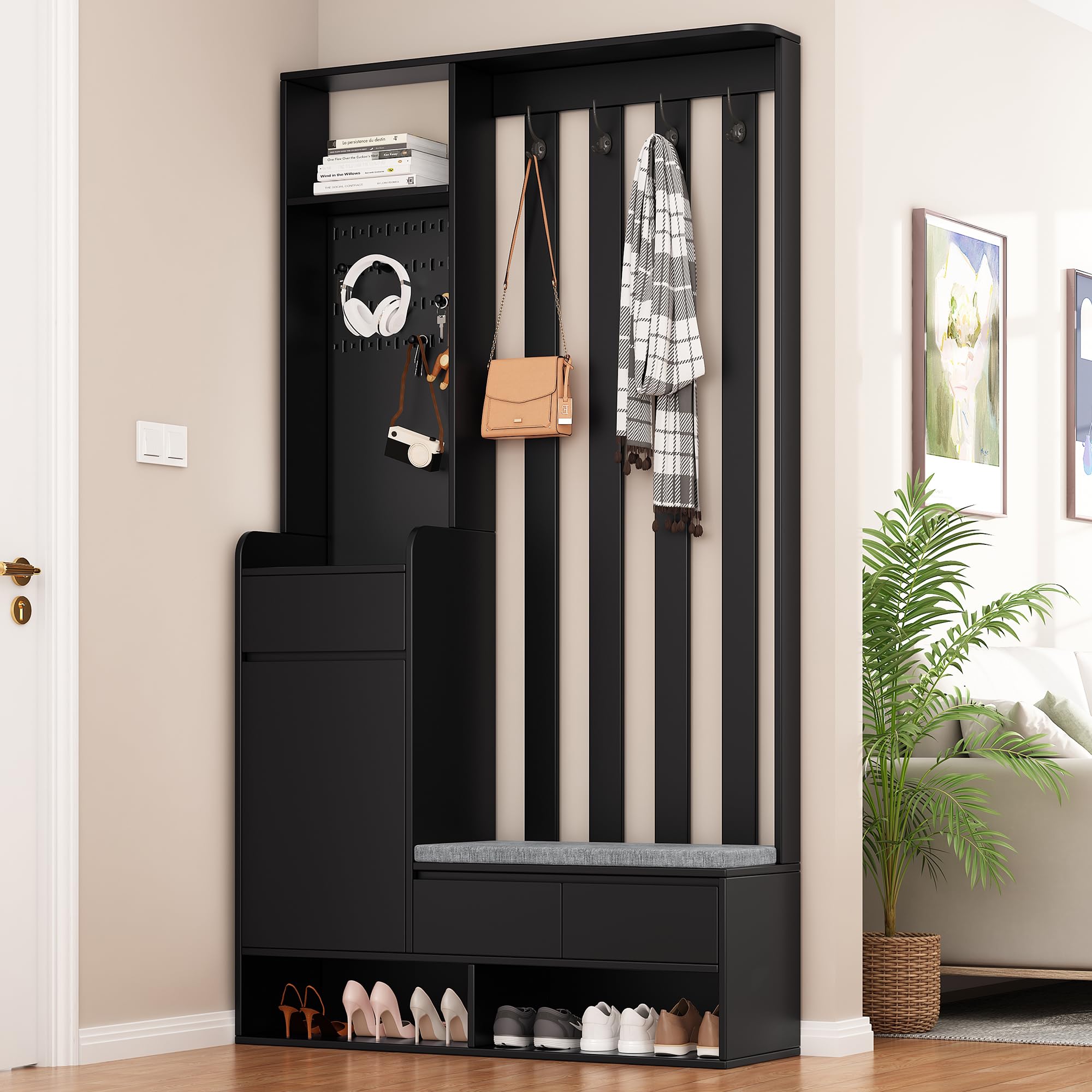 Merax Entryway Hall Tree with Shoe Storage Bench, Coat Rack & 4 Hooks - Black | Space-Saving Organizer for Entryway, Hallway & Mudroom Organization