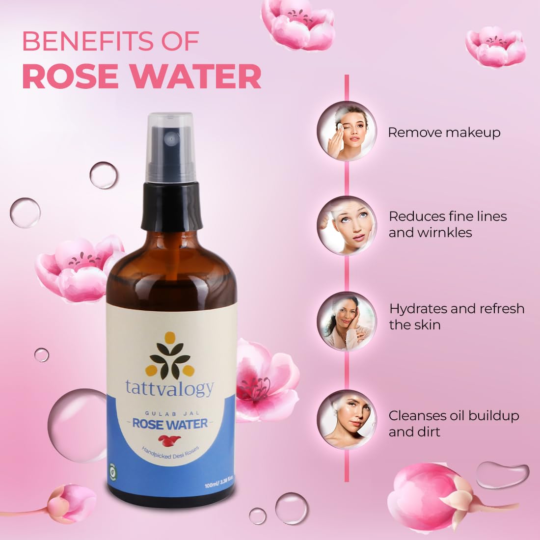 Tattvalogy Pure Rose Water (Gulab Jal) - 100% Natural Hydro Distilled Facial Toner for Skin Cleansing & Hydration | Alcohol-Free, Fragrance-Free | Glass Bottle 100ml | Perfect for Daily Skincare, Makeup Removal & Soothing Irritated Skin