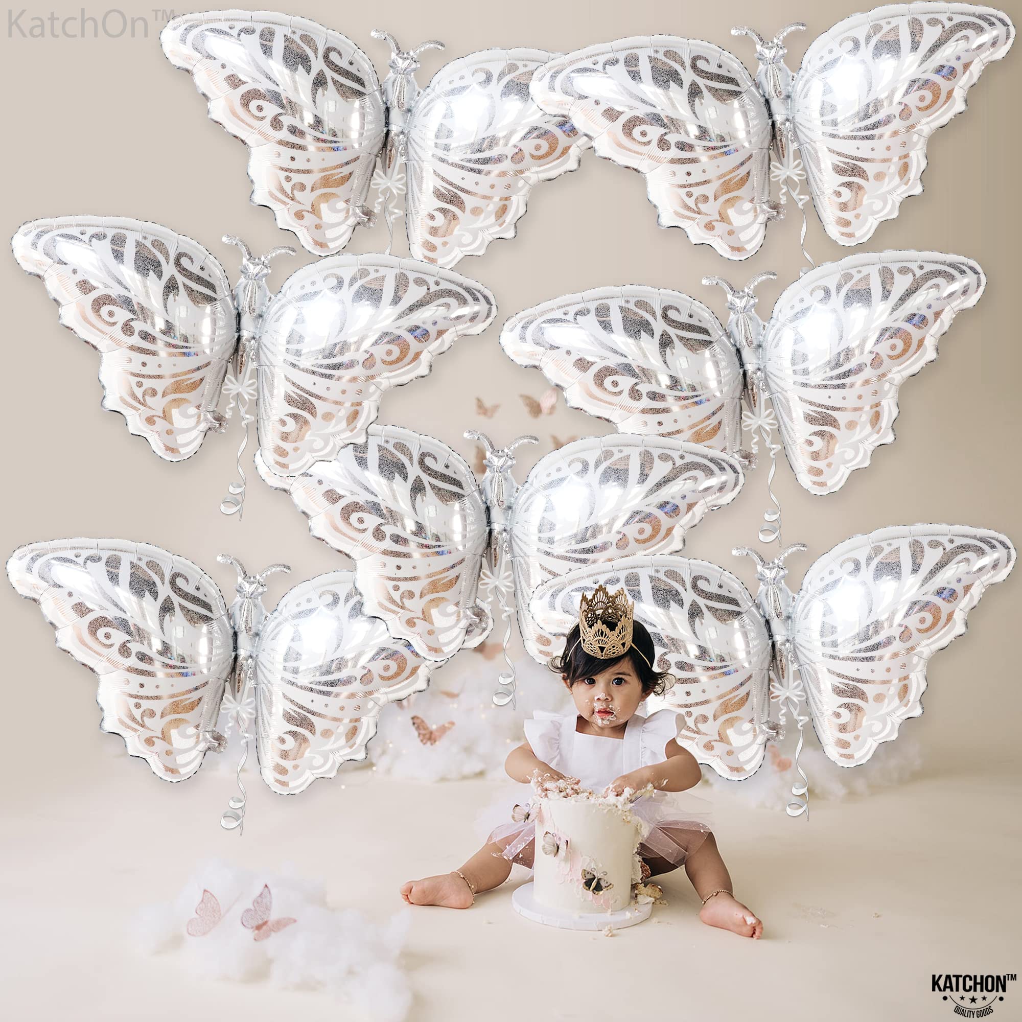 KatchOn 38 Inch Big Silver Butterfly Balloons - Pack of 12 | Foil Butterfly Party Decorations for Birthday, Baby Shower & Girls Events | Elegant Wedding, Bridal Shower & Gender Reveal Party Decor