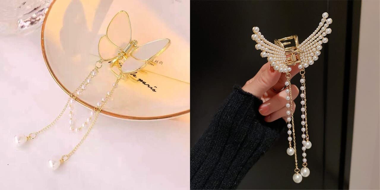 Trendy Club 2-Pack White Pearl Butterfly Metal Hair Claw Clips - Elegant Hair Accessories for Women, Girls | Perfect for Parties, Weddings & Everyday Hairstyles