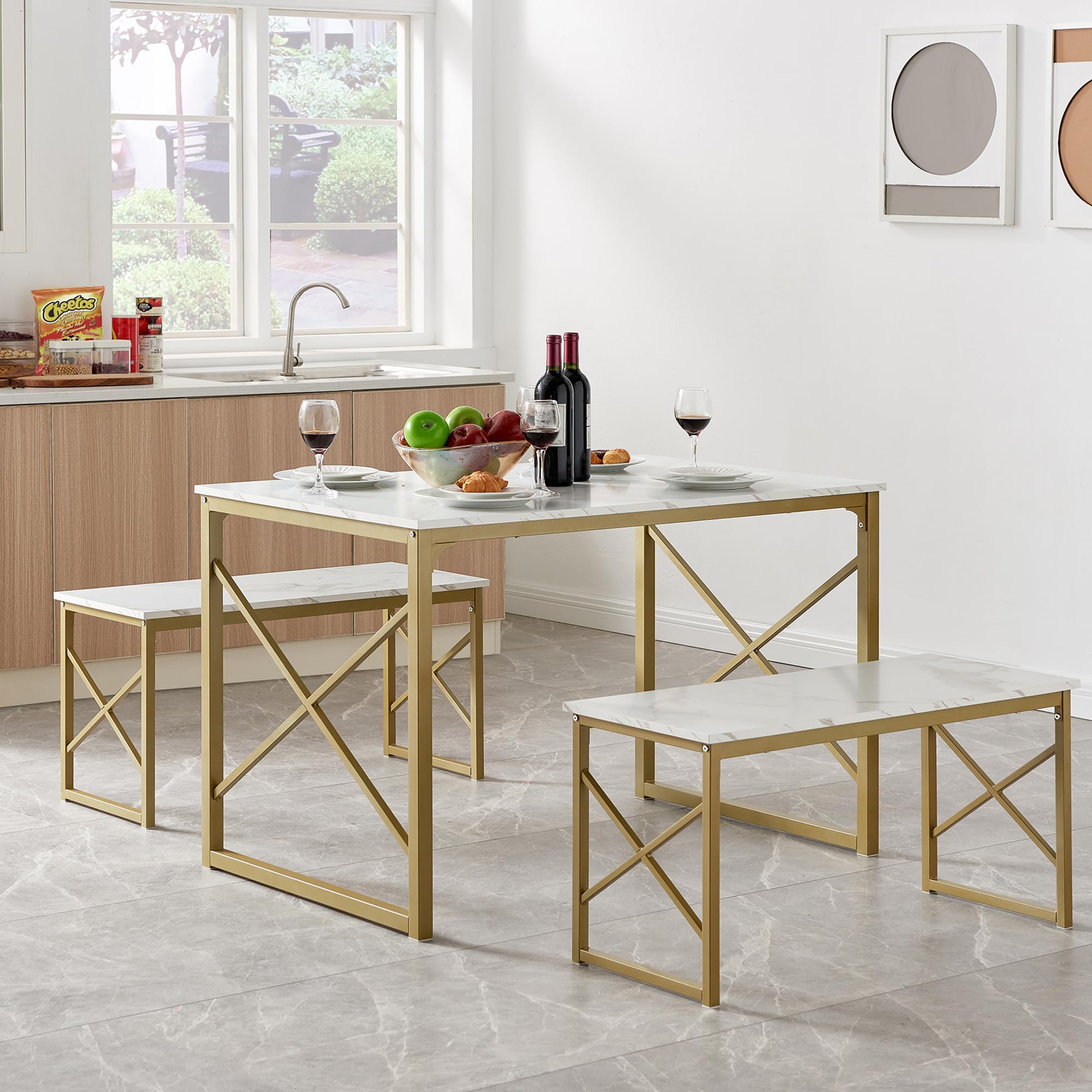 VECELO 4-Person Wooden Kitchen Table Set with 2 Benches - Metal Frame Dining Room Furniture for Small Spaces | Perfect for Breakfast Nook, Apartment Dining & Compact Homes