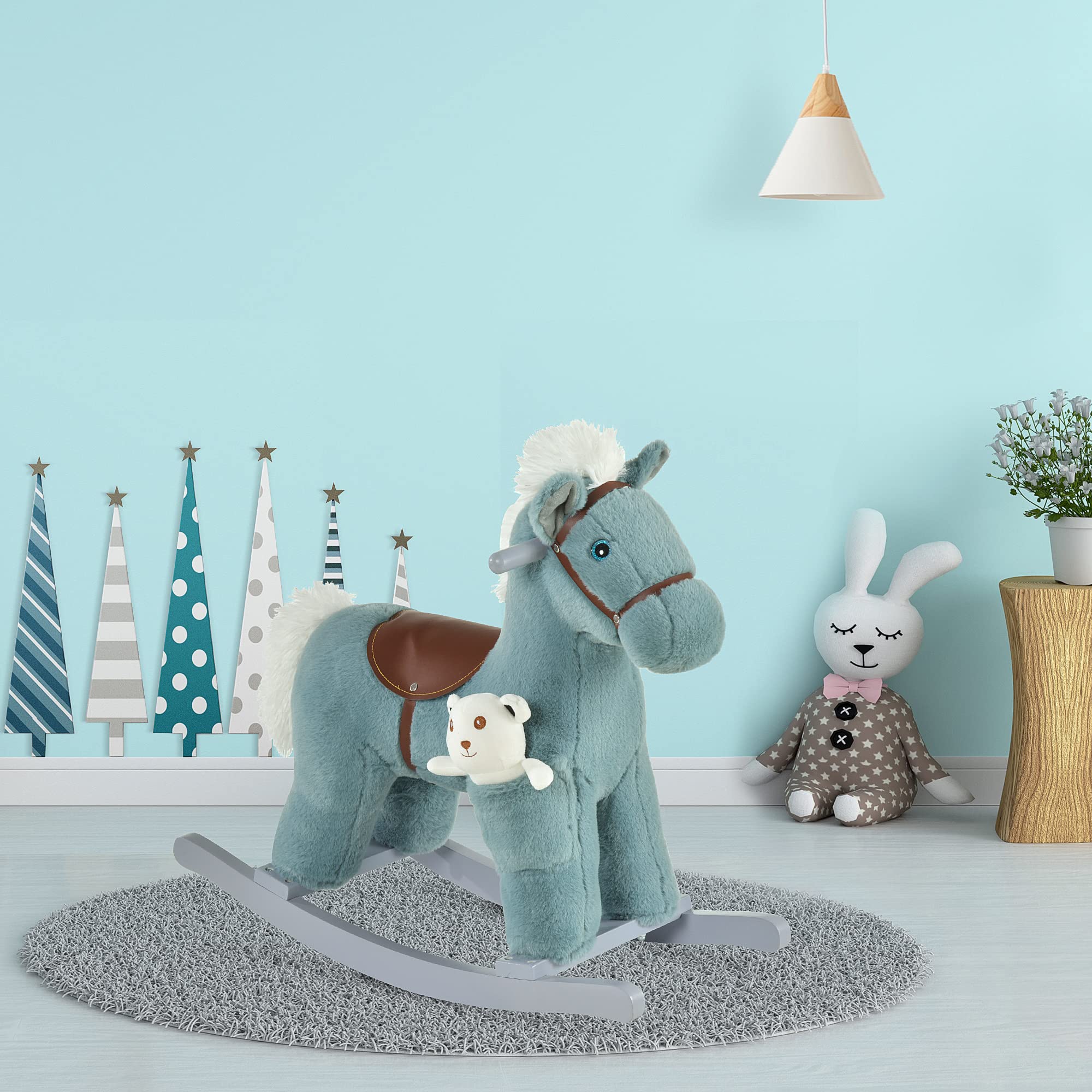Qaba Kids Plush Ride-On Rocking Horse with Bear Toy - Soft Plush Children's Chair with Realistic Sounds, Blue | Fun Toddler Rocking Toy for Playroom & Nursery Decor