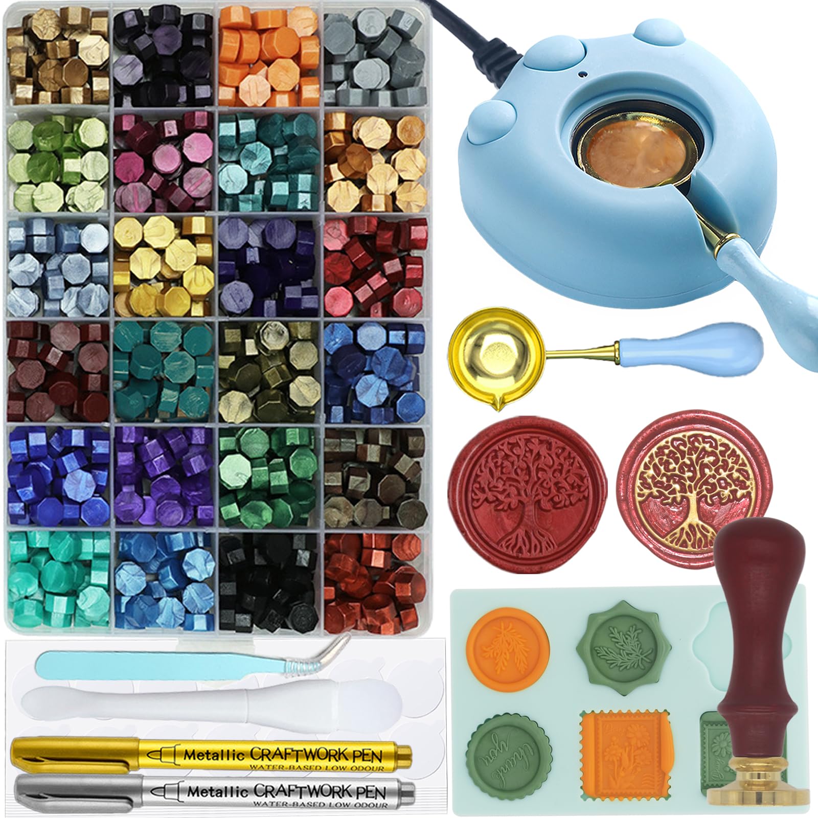 Andotopee 24-Color Wax Seal Kit with 600 Wax Beads - Tree of Life Wax Seal Stamp Set, Electric Wax Warmer, Silicone Mold, Metallic Pen, 120 Sticky Dots & Spoon Cleaner - Perfect for Wedding Invitations, Gift Wrapping, Scrapbooking & DIY Crafts