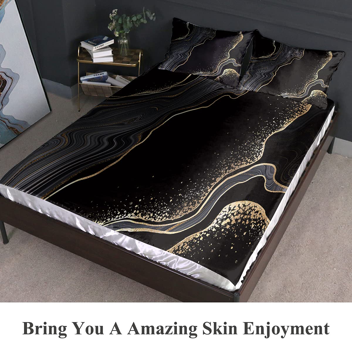 BlessLiving Satin Silk Queen Size Bed Sheets Set - 4 Piece Luxury Bedding with Flat Sheet & Fitted Sheet - Soft Silky Abstract Satin in Black, Gold & Grey Marble - Hotel Quality for Ultimate Comfort - Perfect for Master Bedroom, Guest Room & Luxury Home Decor