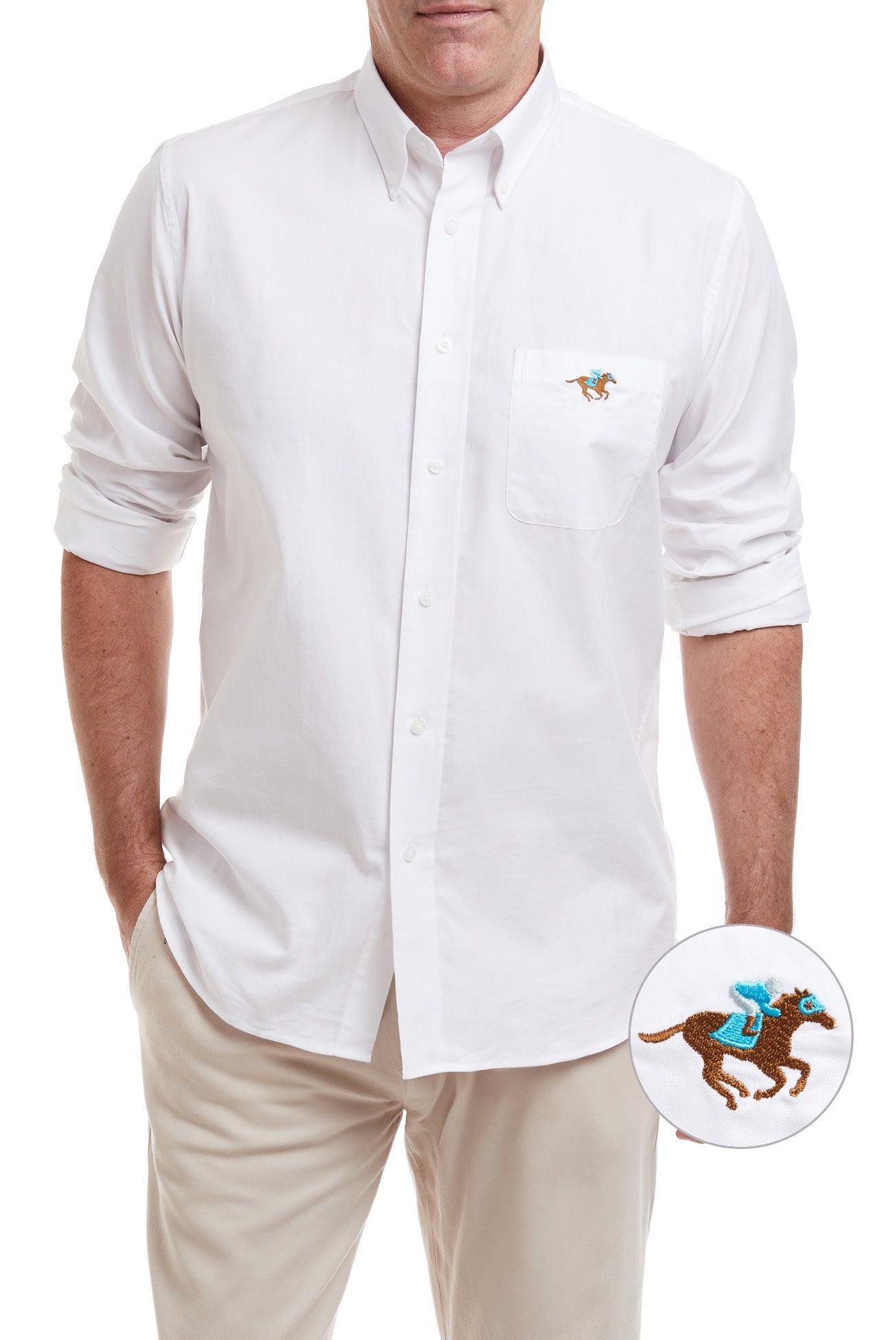 Premium White Oxford Shirt with Single Racing Horse Design - Classic Chase Shirt for Men - Perfect for Business Casual, Office Wear & Smart Outfits