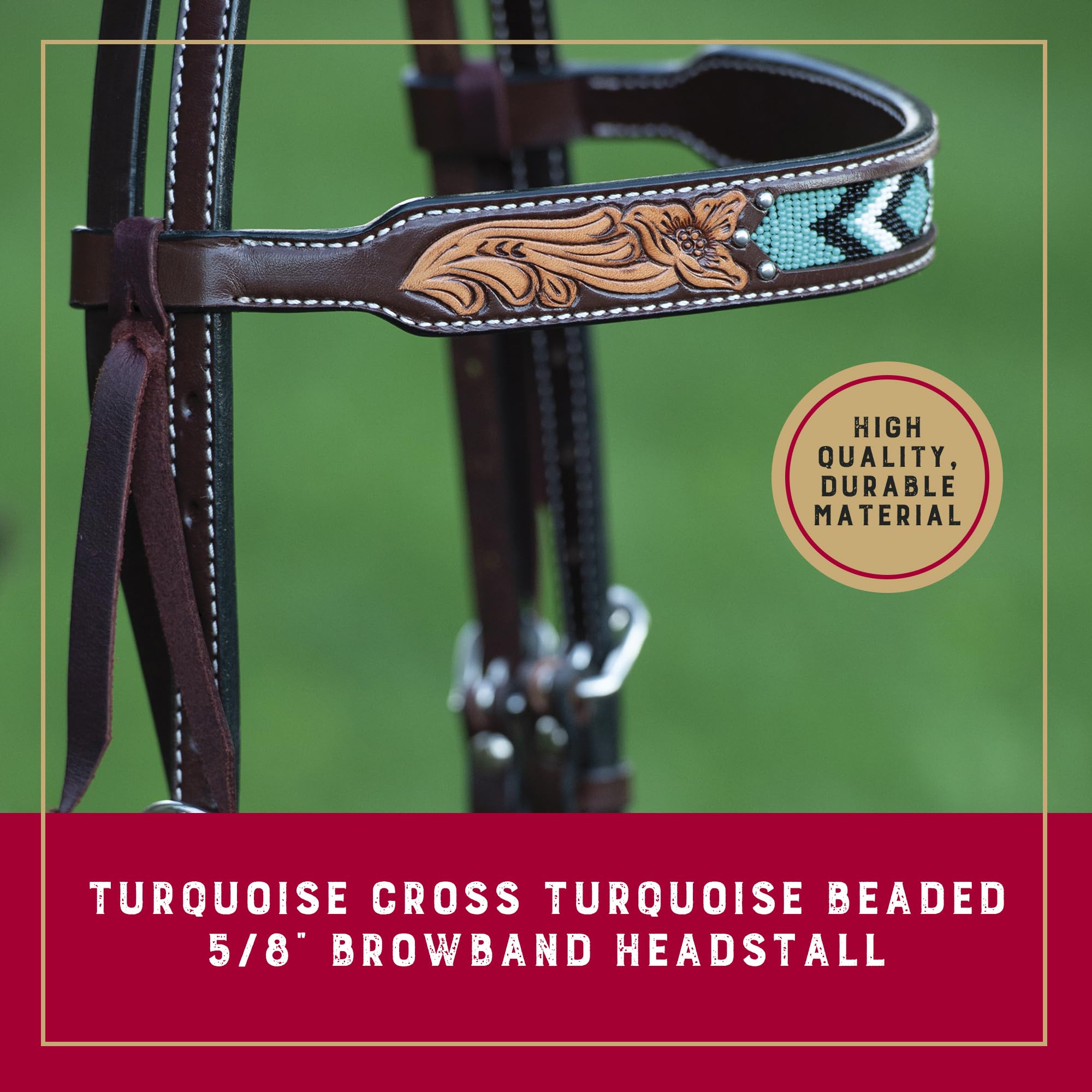 Turquoise Diamond Beaded Leather Horse Headstall - Durable Trail Riding Headstall for Horses - Dark Oil Finish Equine Supplies for Western & Show Riding
