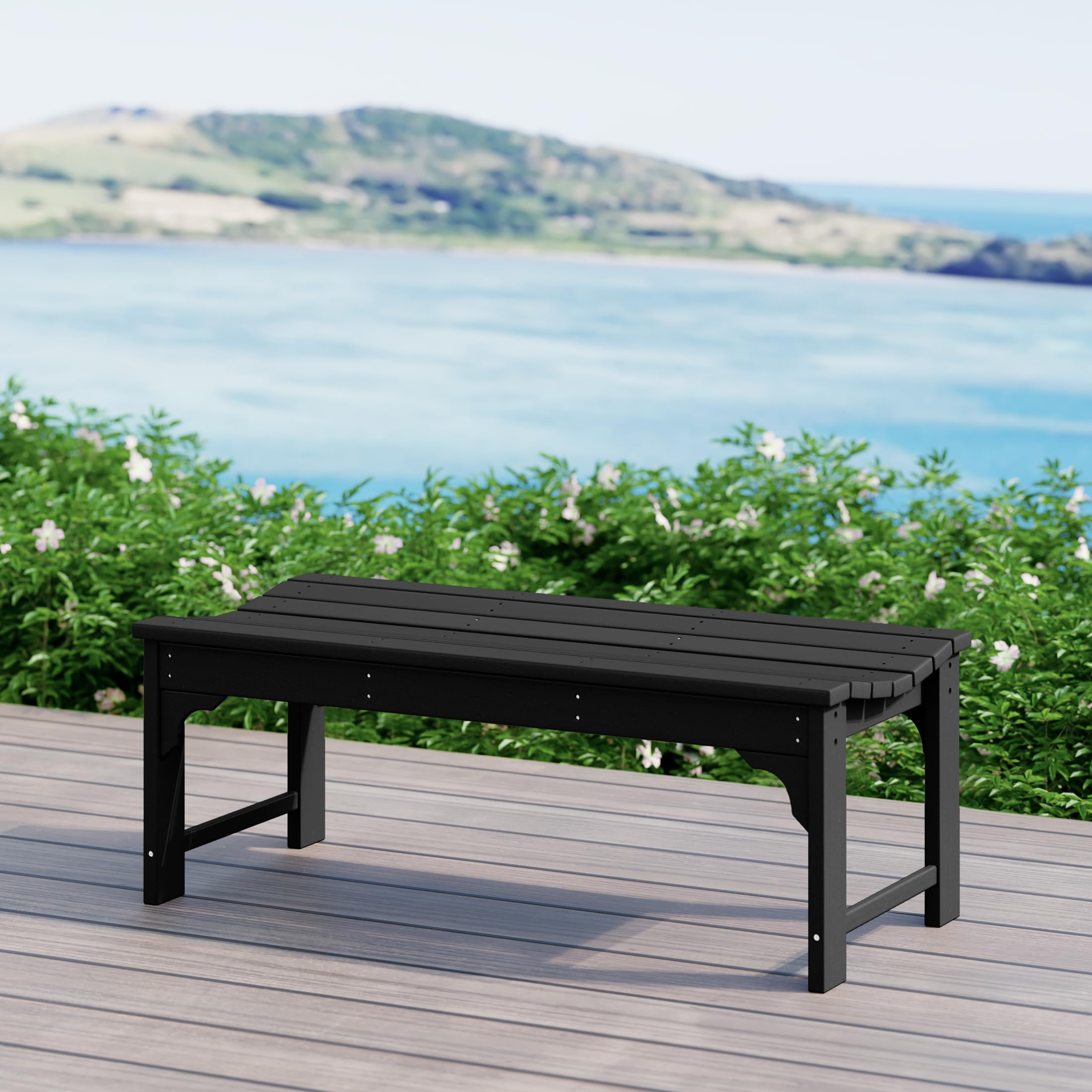 WestinTrends Malibu Outdoor Bench - All-Weather Resistant Poly Lumber Backless Patio Garden Bench with Adirondack Curved Design for Maximum Comfort (Black) - Perfect for Poolside, Garden, Deck, and Outdoor Relaxation
