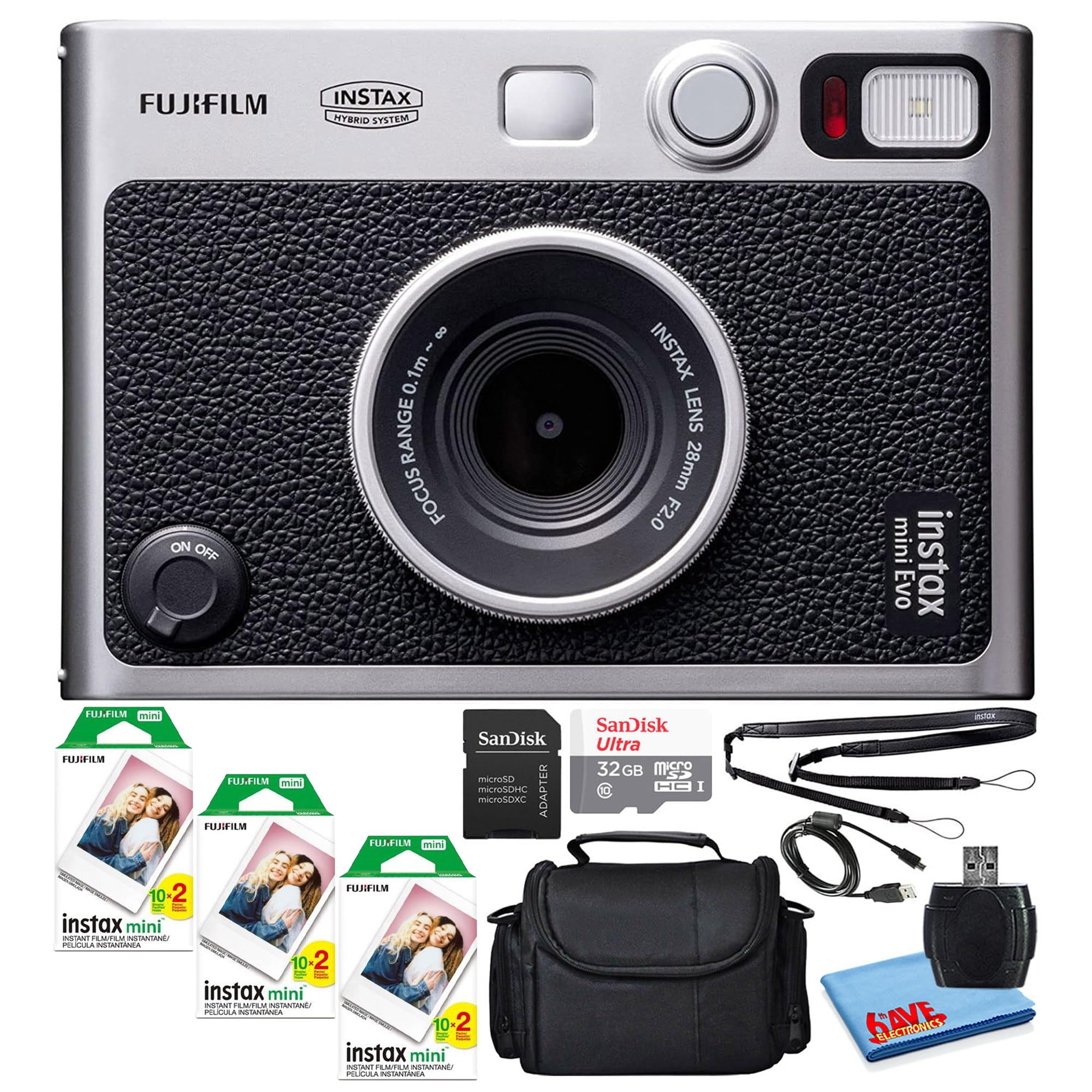 Fujifilm Instax Mini EVO Hybrid Instant Film Camera (Black) with 60 Instax Mini Film Sheets, 32GB SD Card, Case & Accessories - Perfect for Travel, Parties & Instant Photo Sharing