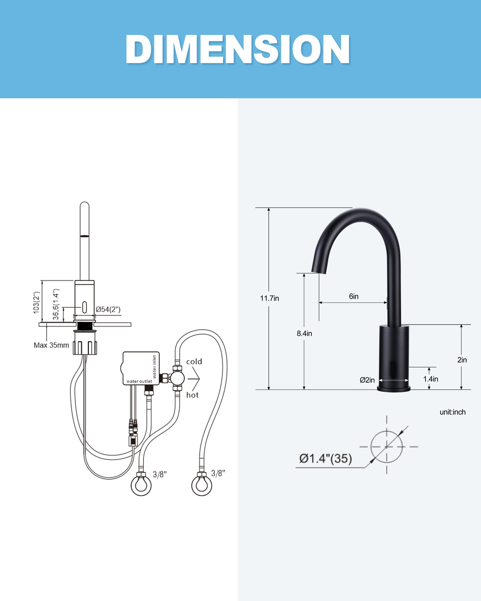 Automatic Touchless Bathroom Faucet - Tall Single Hole Sensor Sink Faucet with Temperature Mixer & Deck Plate, Matte Black - Ideal for Modern Vanities & Hygienic Hand Washing