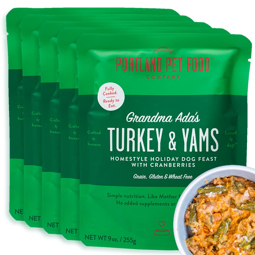 Premium Human-Grade Grain-Free Wet Dog Food Pouches - Grandma Ada’s Turkey & Yams Recipe - USA Made Fresh Dog Food Toppers, Mixers & Complete Meals - 5-Pack for Healthy Skin & Coat - Perfect for Picky Eaters & Senior Dogs