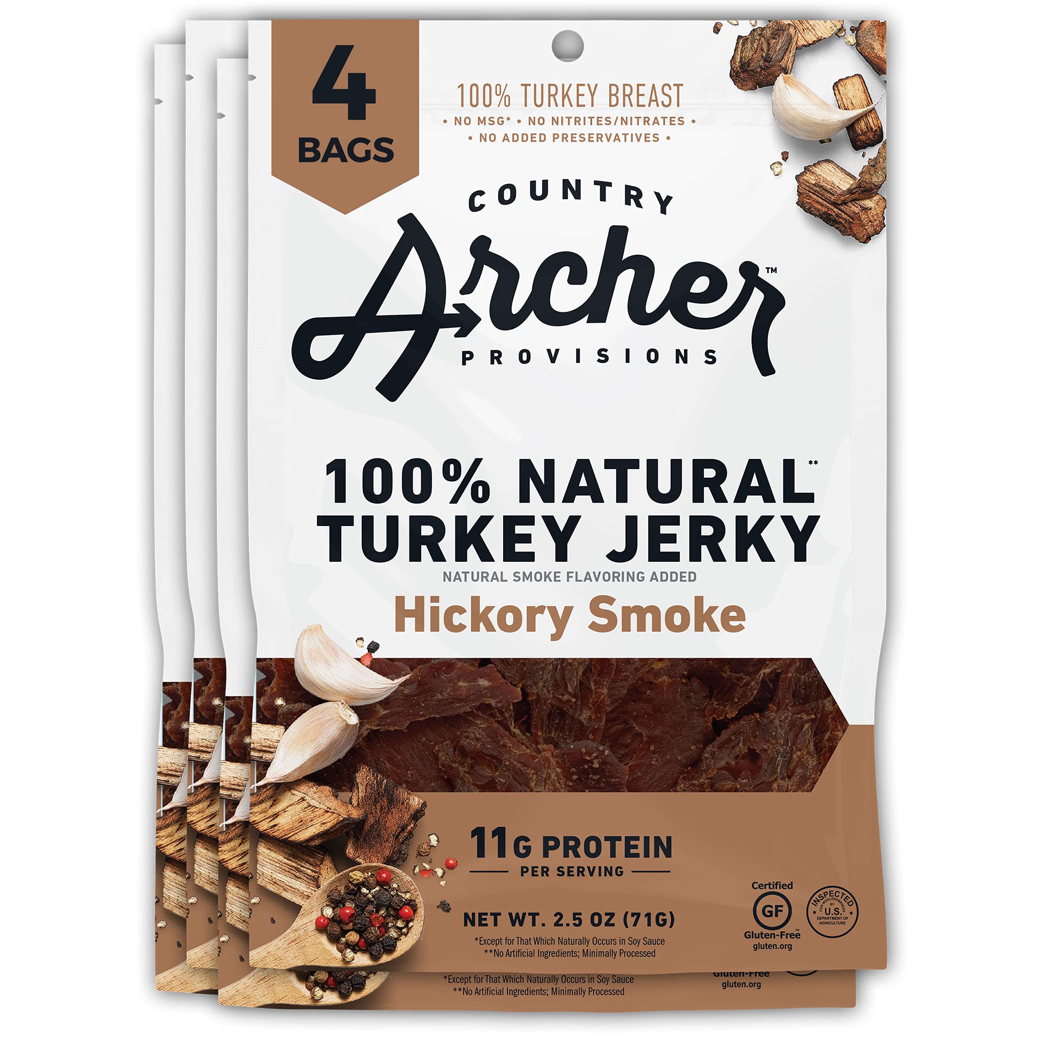 Country Archer Hickory Smoked Turkey Jerky - High Protein, Gluten Free, Keto-Friendly Meat Snack (2.5oz Pack of 4) | Perfect for Hiking, Camping & On-the-Go Nutrition