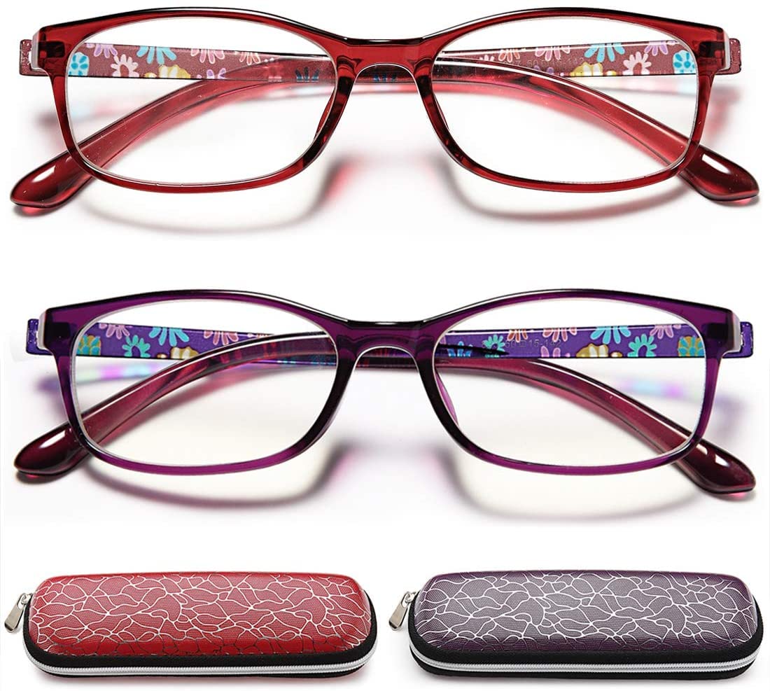 Blue Light Blocking Reading Glasses for Women - Stylish Computer Glasses with Pattern Design (Set of 2, Purple/Red, +1.5 Magnification) - Perfect for Office Work, Screen Time & Digital Eye Strain Relief