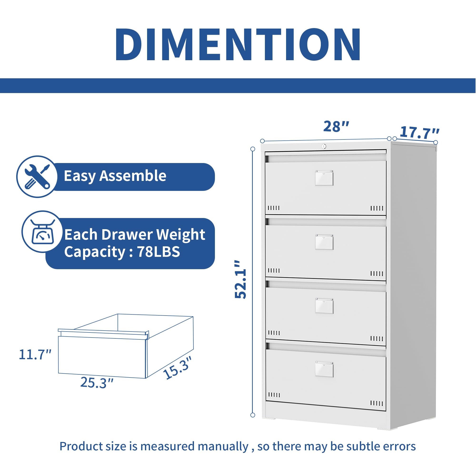 Locking Lateral File Cabinet - Metal Steel Office File Drawer with Key Lock for Legal/Letter/A4/F4 Documents | Secure Storage for Home & Office Organization