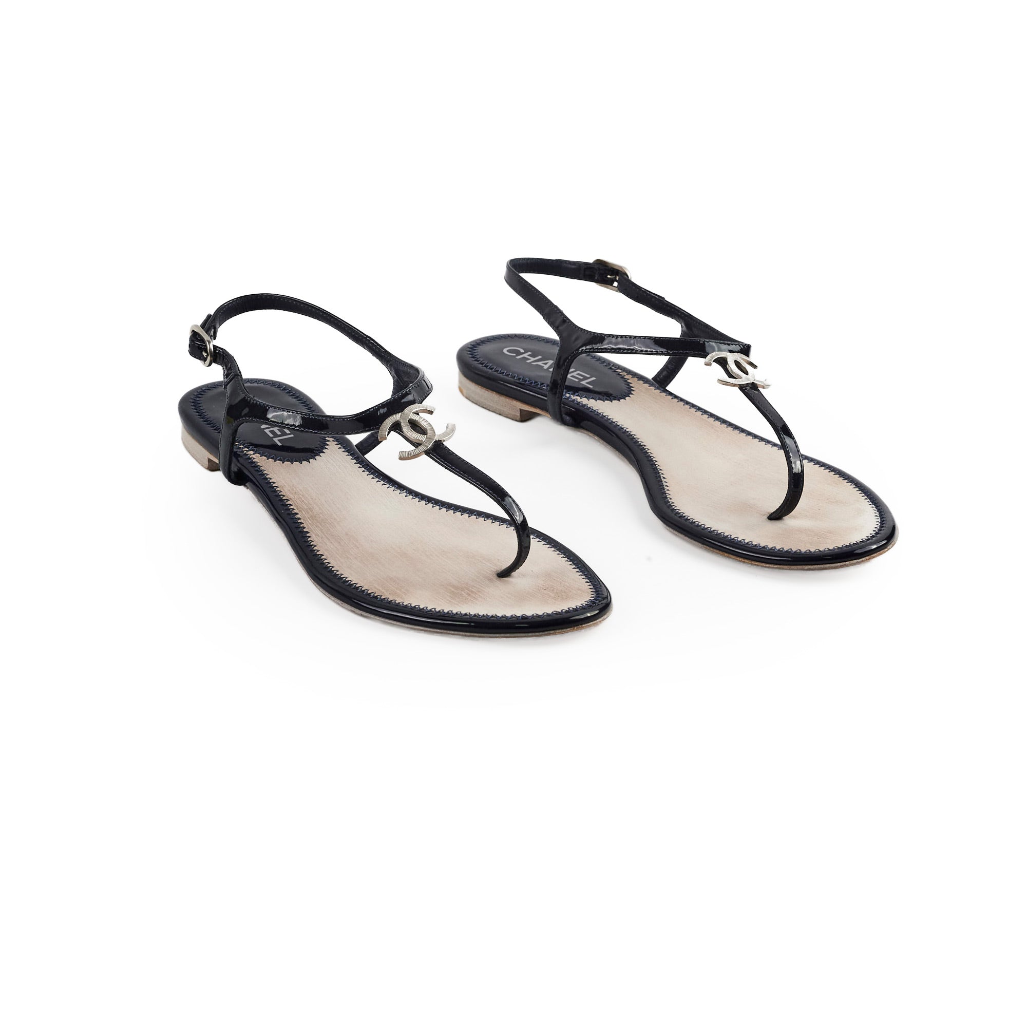 Chanel Navy Blue Patent Leather Sandals for Women - Luxury Designer Summer Shoes for Beach, Party & Casual Wear