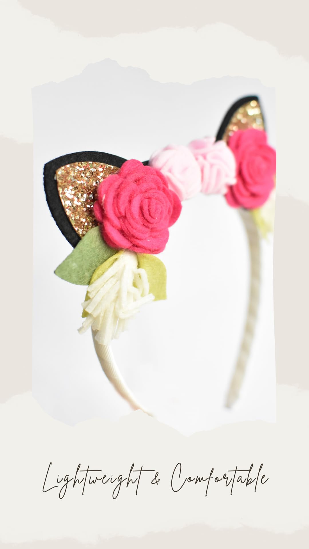 Cute Cat Ear Headband with Glitter Ears & Felt Flower Crown for Girls, Toddlers & Kids | Cat Costume Hair Accessories | Perfect for Halloween, Dress Up & Birthday Parties