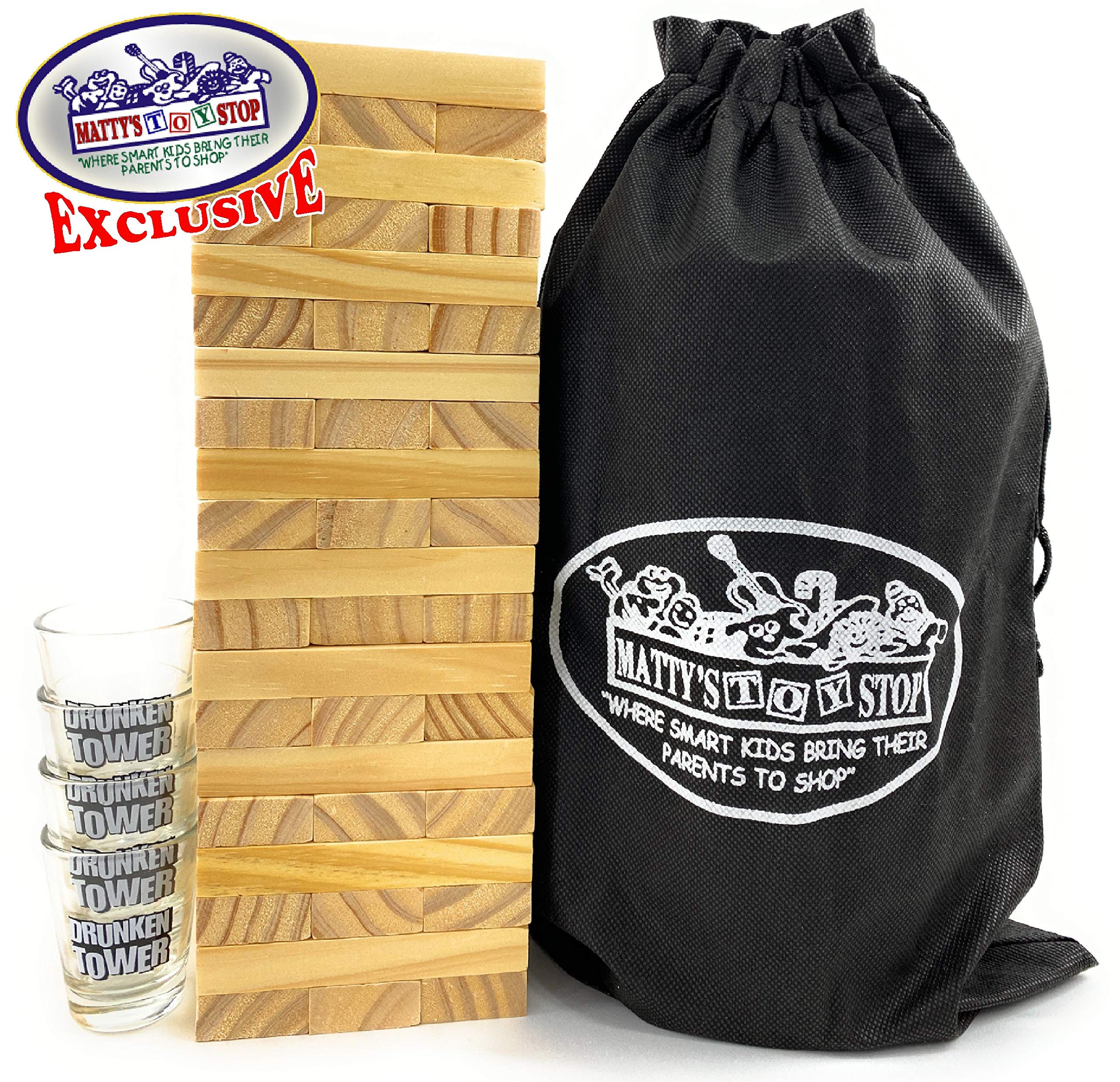 Matty's Toy Stop Deluxe 60-Piece XL Wooden Drunken Tower Game Set with Shot Glasses & Storage Bag - Fun Adult Drinking Party Game for Bars, Game Nights & Social Gatherings