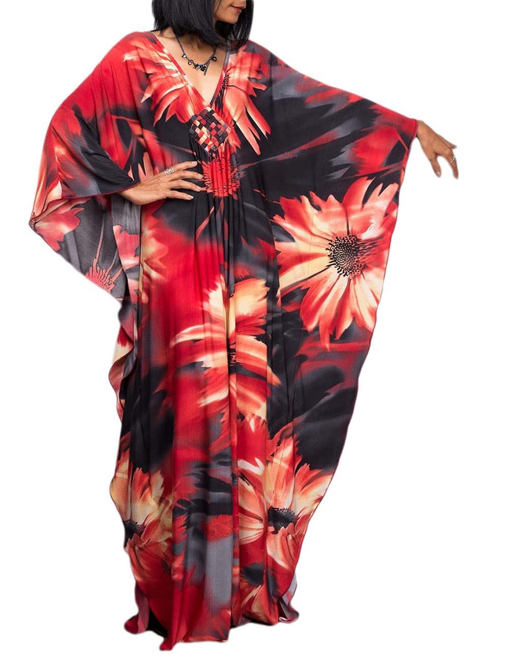 FJYIRI Women's Turkish Caftan - Ethnic Print Plus Size V-Neck Swimsuit Cover Up - Beachwear, Poolside Cover, Resort Wear, Vacation Outfit