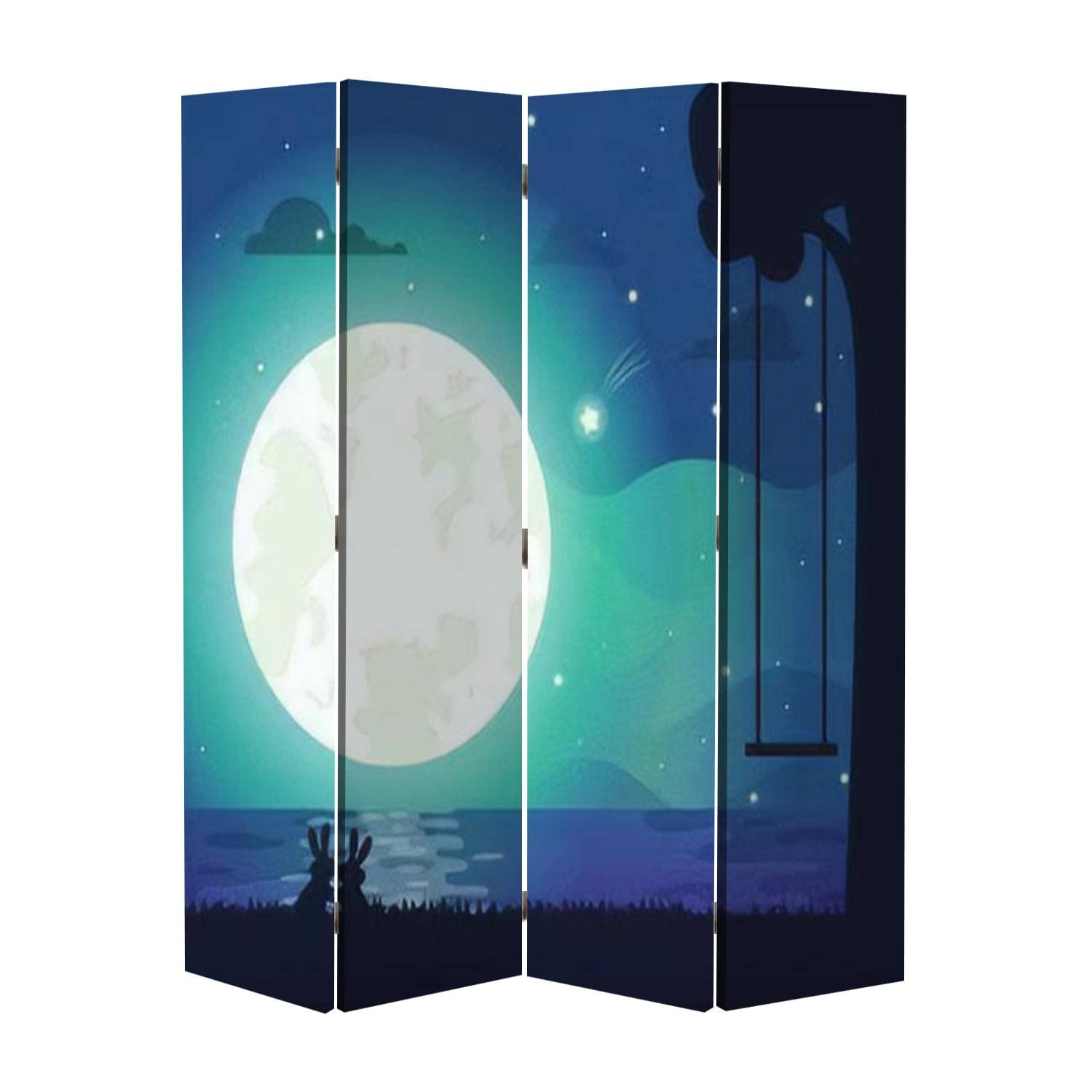 4 Panel Canvas Room Divider Screen - Moon & River Silhouette with Bunnies & Swing Tree - Privacy Partition for Home, Office, Bathroom - Perfect for Creating Private Spaces in Studios, Dorms, and Event Decor