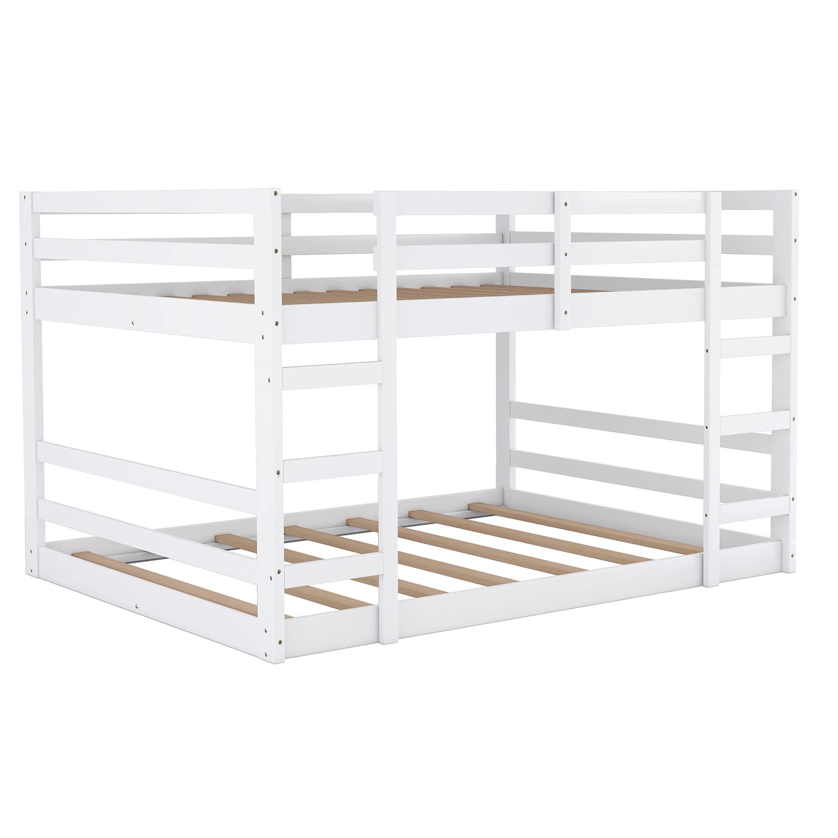 Twin Over Twin Wooden Bunk Bed Frame for Kids & Teens - Low Profile Floor Bunkbed for Boys, Girls, Toddlers - Perfect for Small Bedrooms, Dorms & Shared Kids' Rooms (White)