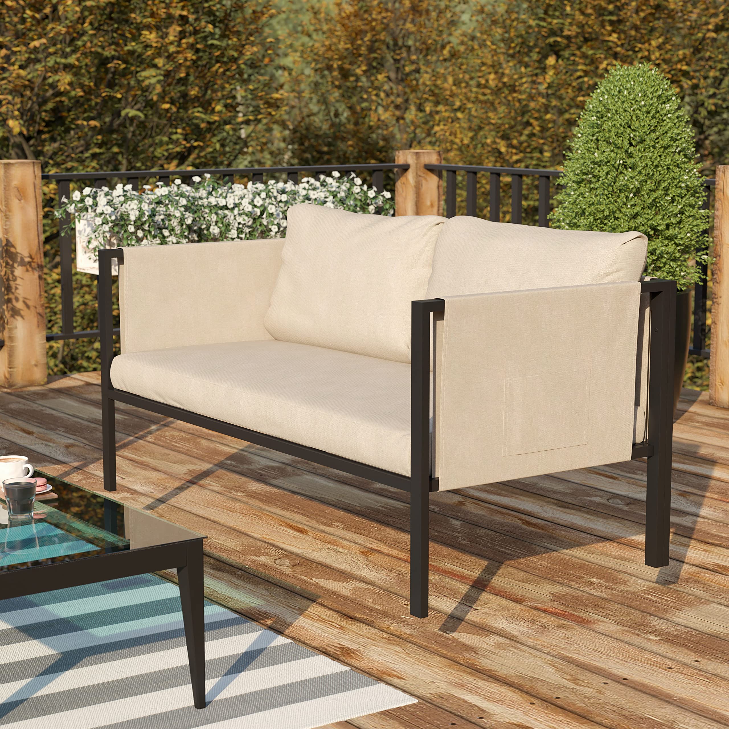 Flash Furniture Lea Indoor/Outdoor Loveseat with Cushions - Modern Steel Frame 2-Seater Sofa with Storage Pockets, Black with Beige Cushions - Perfect for Patio, Deck, Balcony & Small Space Living