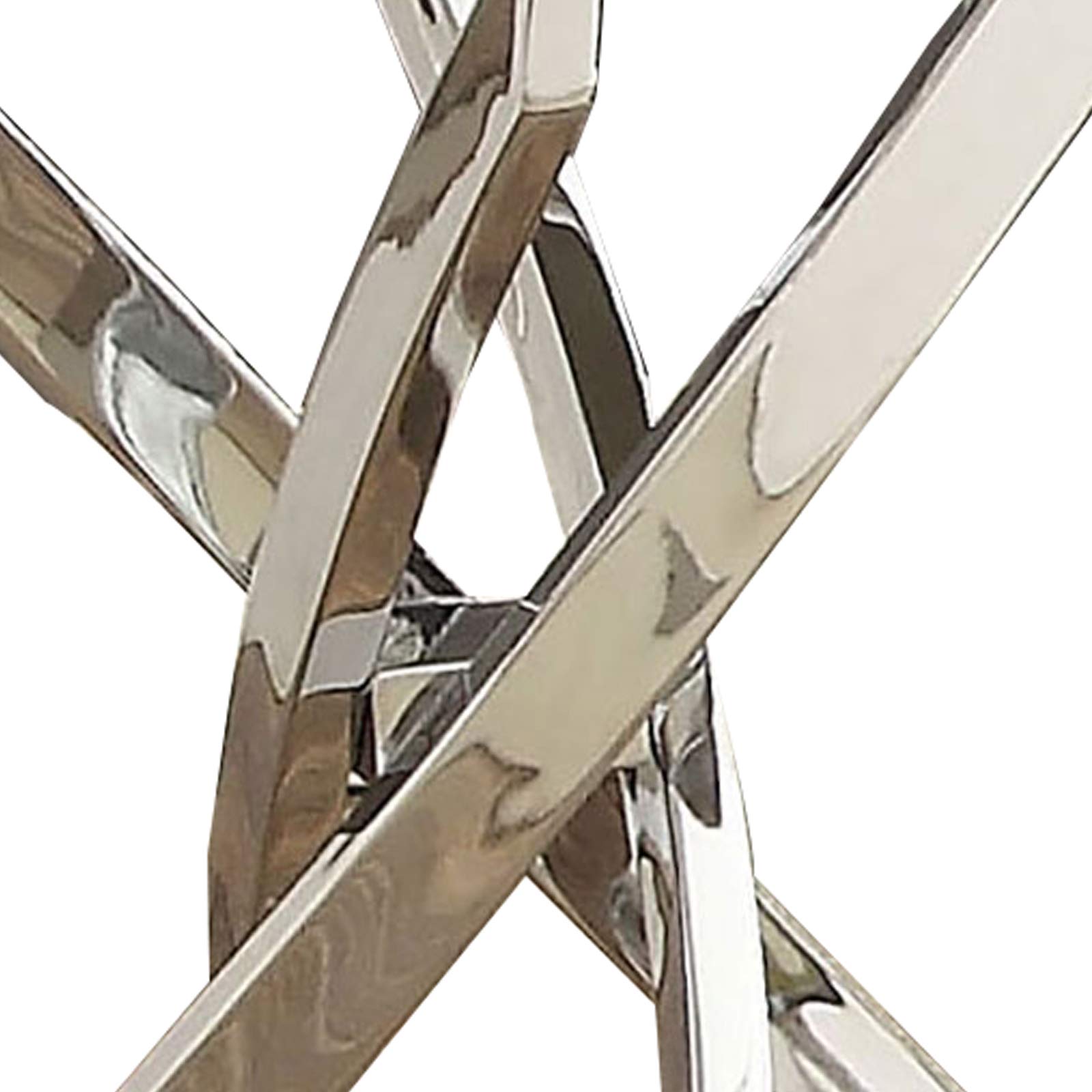 Benjara Round Glass Top End Table with Criss Cross Metal Base - Silver & Clear Accent Table for Living Room, Bedroom, or Office Decor