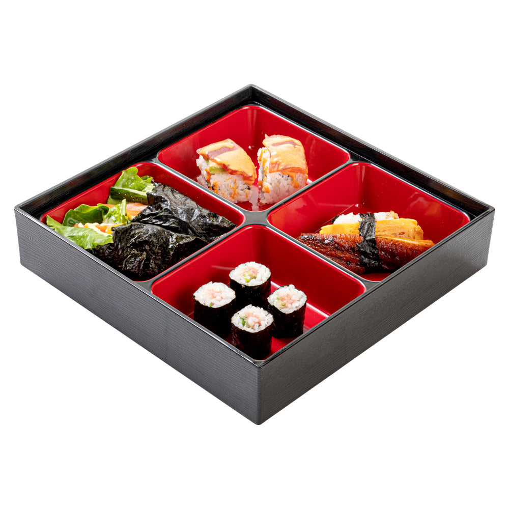 Premium Japanese Style Bento Box - 4 Compartment Square Lunch Box (10x10x2.25 Inches) - Black & Red Color - Perfect for Office, School & Picnic Meals