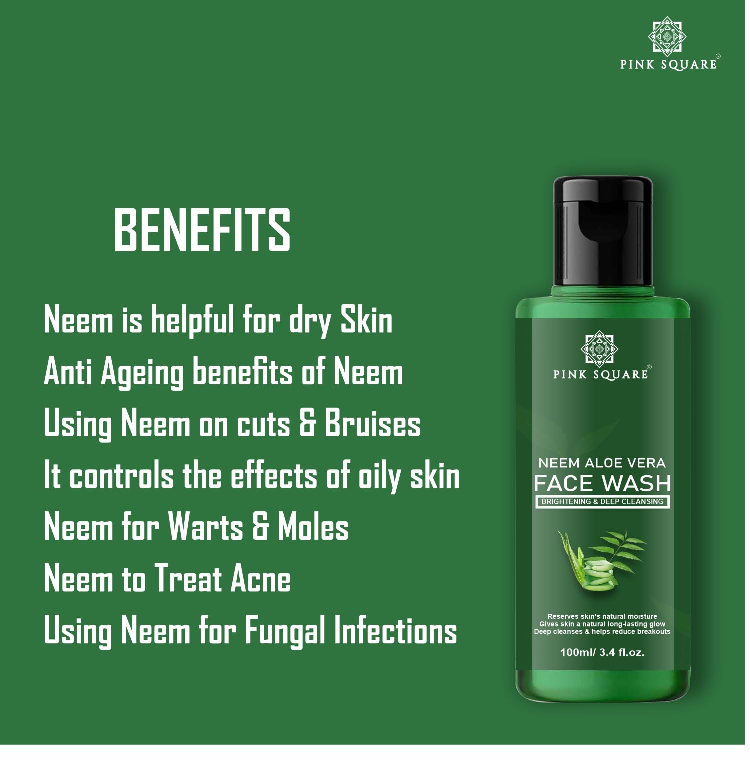 Pink Square Neem & Aloe Vera Purifying Face Wash - Prevents Pimples, Controls Oil & Softens Skin - 100ml | Gentle Daily Cleanser for Acne-Prone & Sensitive Skin