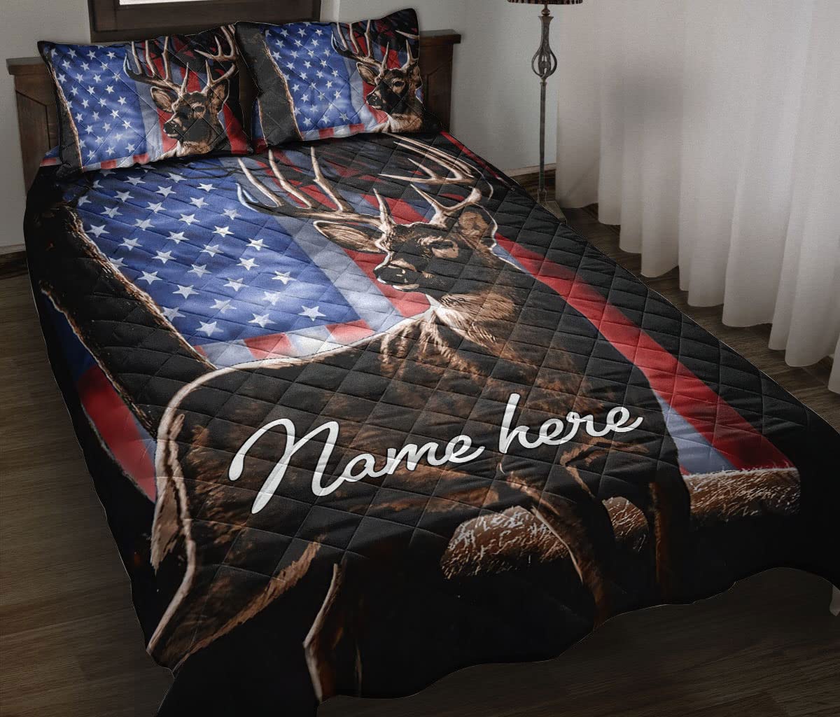 Custom 3D Printed Deer Buck Hunter Hunting Lover Gift - Personalized Name Quilt Blanket & Pillowcases Set for King/Queen/Double/Twin/Full Size Beds - Perfect for Hunting Lodge Decor, Cabin Bedding & Outdoor Enthusiast Gifts