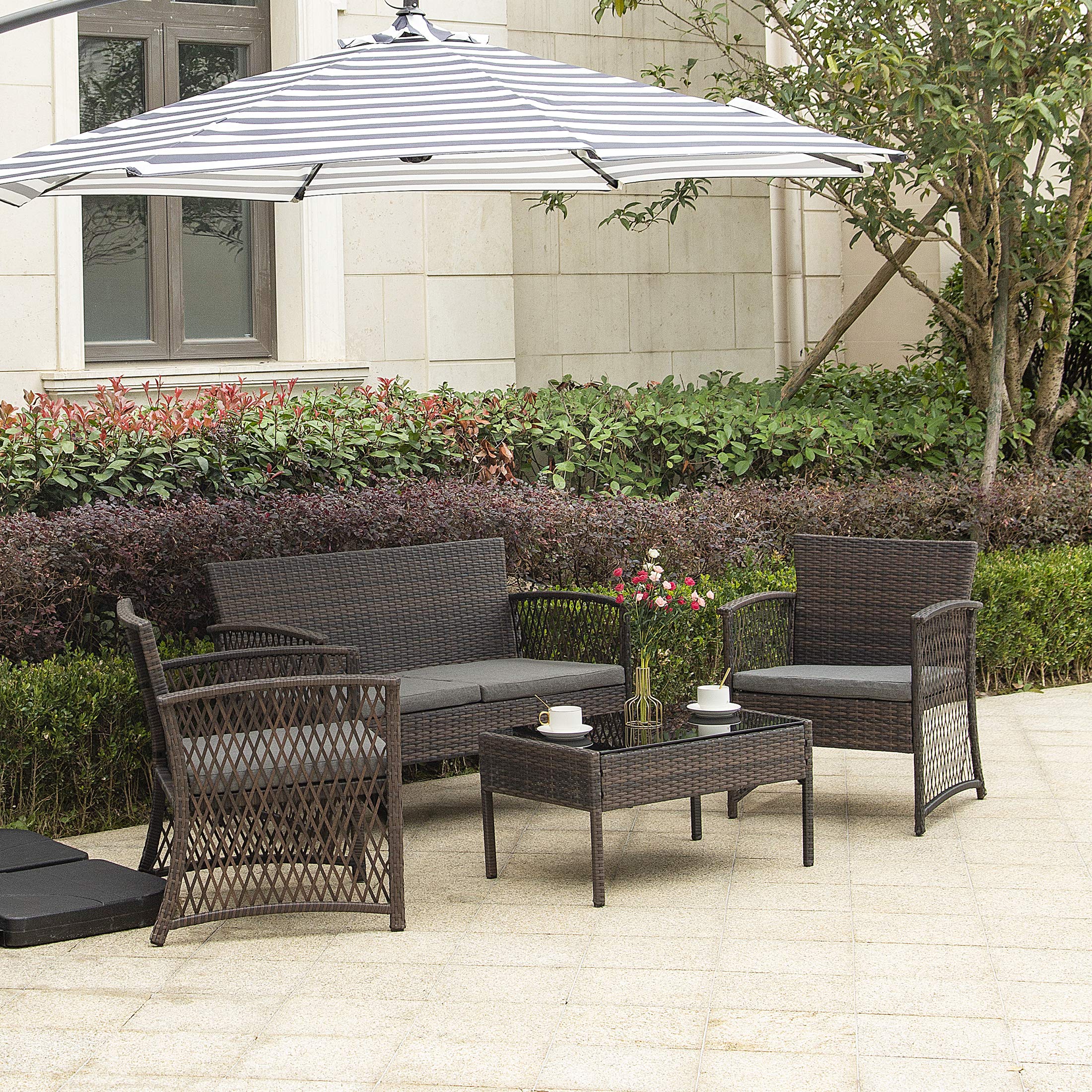 WestinTrends Melvi 4-Piece All-Weather PE Rattan Patio Furniture Set with Tempered Glass Coffee Table - Outdoor Wicker Chairs & Loveseat in Coffee & Gray for Garden, Poolside & Backyard Relaxation