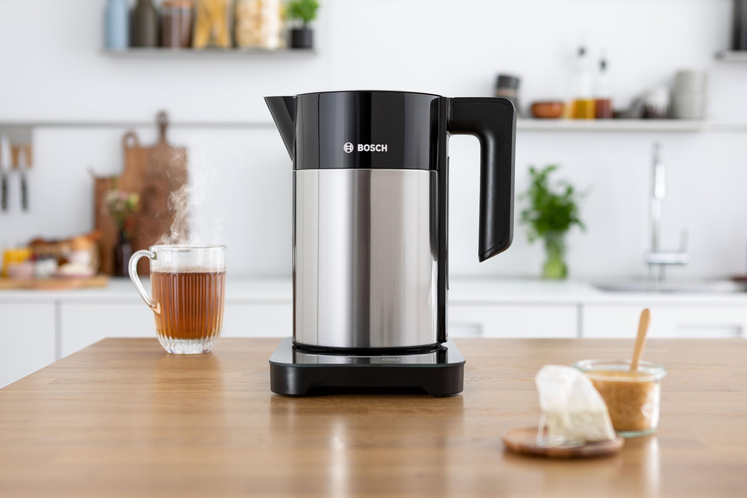 Bosch TWK7203 Electric Kettle - 2200W Fast Boiling, 7 Cups Capacity, Black/Stainless Steel with Touch Display - Perfect for Home, Office & Tea/Coffee Lovers