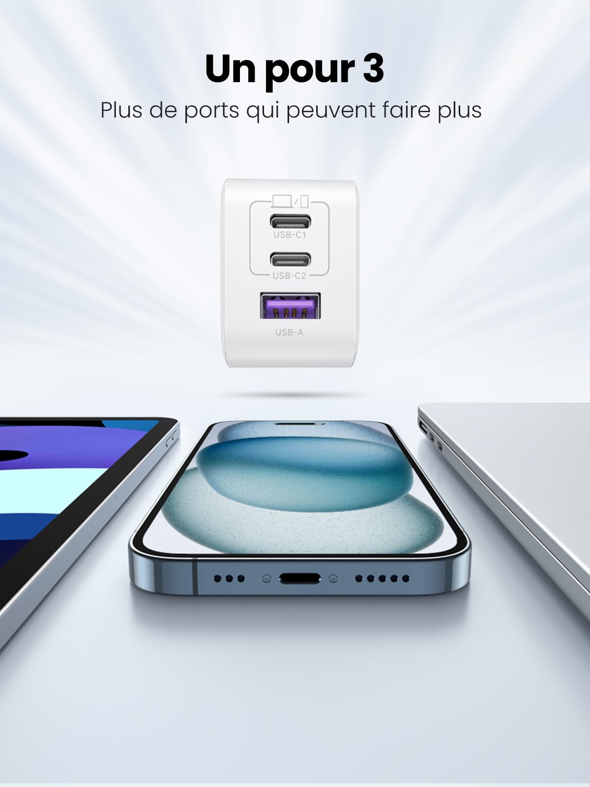 UGREEN Nexode 65W GaN Fast Charger with 3 USB-C Ports - Compatible with iPhone 16/15/14/13/12, Galaxy S24/S23/A15, Pixel 9/8/7, iPad & MacBook Air/Pro (M1/M2/M3/M4) - Compact & Powerful Charging for Home, Office & Travel (White)