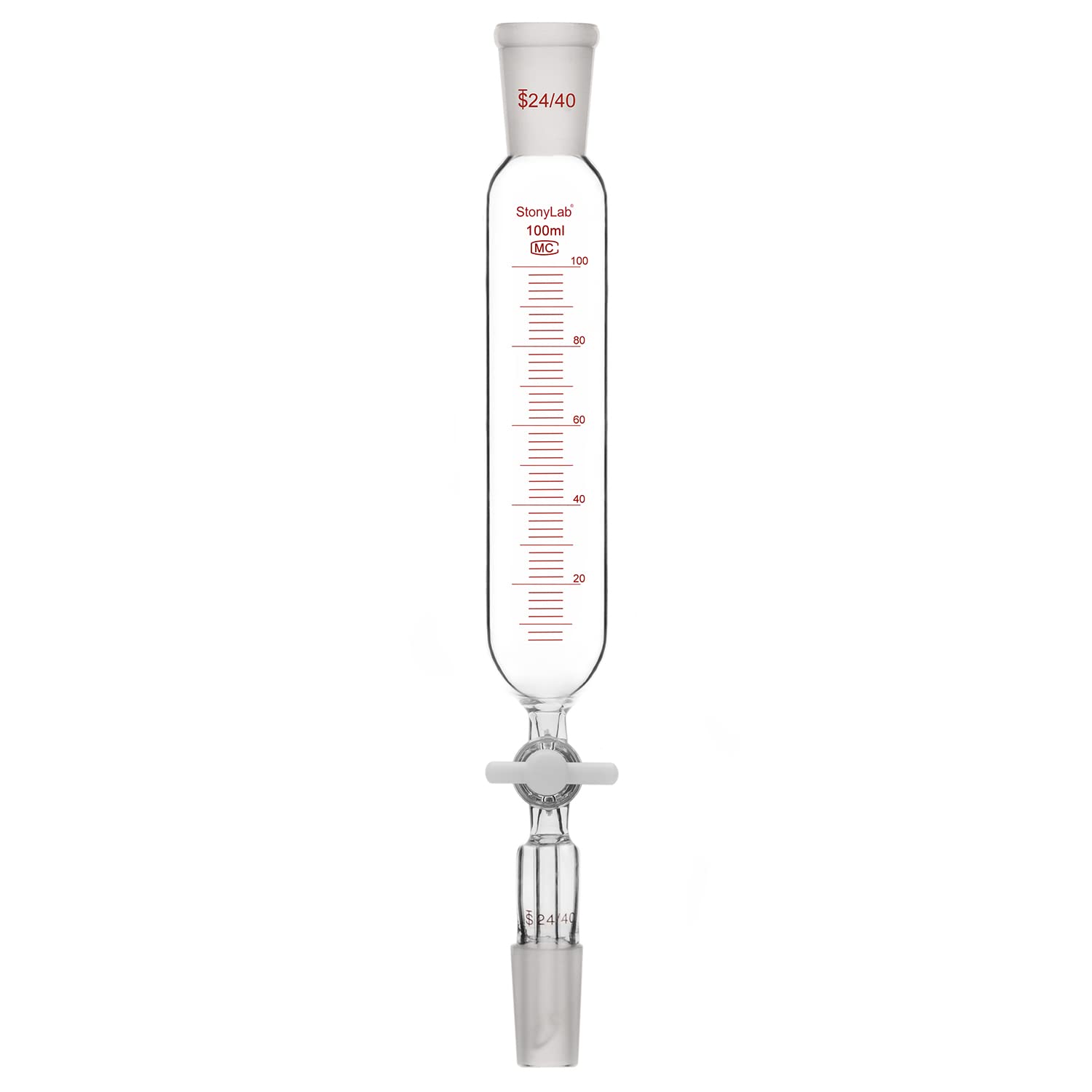 Stonylab 100ml Borosilicate Glass Pressure Equalizing Addition Funnel with PTFE Stopcock, 24/40 Joint Graduated Dropping Funnel for Chemistry Lab Experiments - Perfect for Precise Liquid Transfer in Distillation & Titration Processes