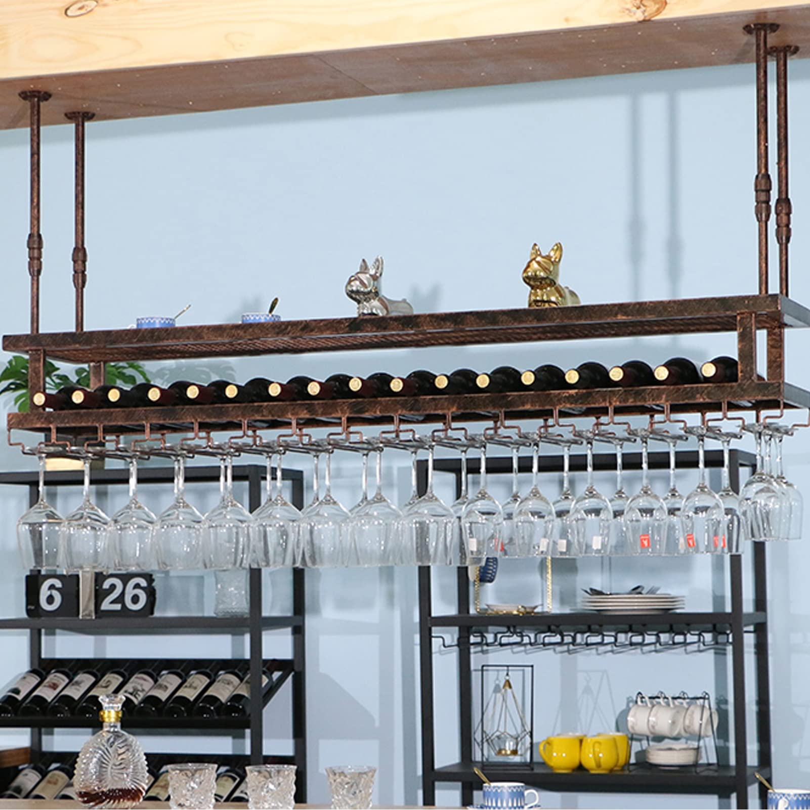 2-Tier Hanging Wine Rack for Ceiling - Retro Wine Bottle & Glass Holder Storage Shelf (80x30cm) - Perfect for Kitchen, Home Bar & Stemware Organization