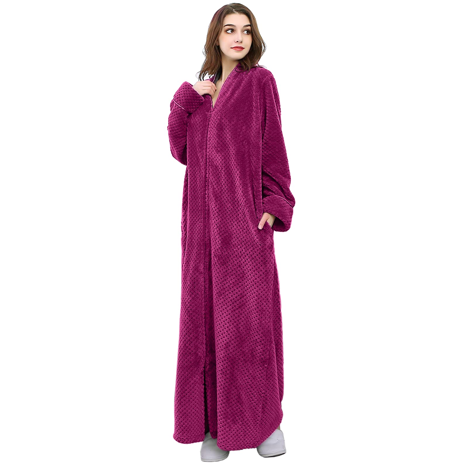 HelloMamma Women's Warm Plush Winter Robe - Long Fleece Bathrobe with Zipper for Women | Cozy Loungewear for Cold Nights, Spa Days & Relaxing at Home
