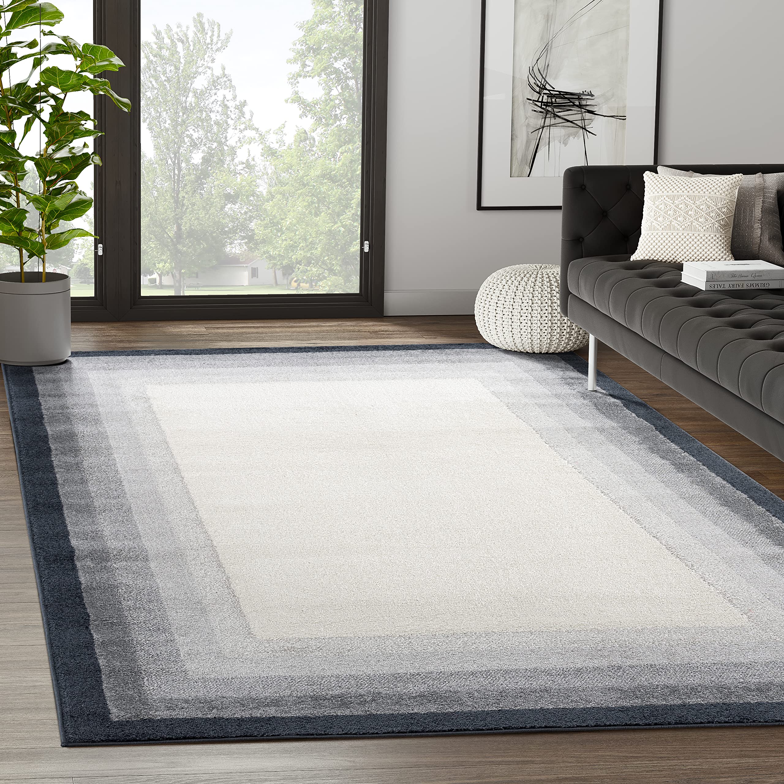 Abani Ivory Area Rug with Contemporary Tonal Grey Border - Modern 6’ x 9’ Dining Room Rug for Under Table - Soft Living Room Carpet, Bedroom Decor, Home Office Floor Mat