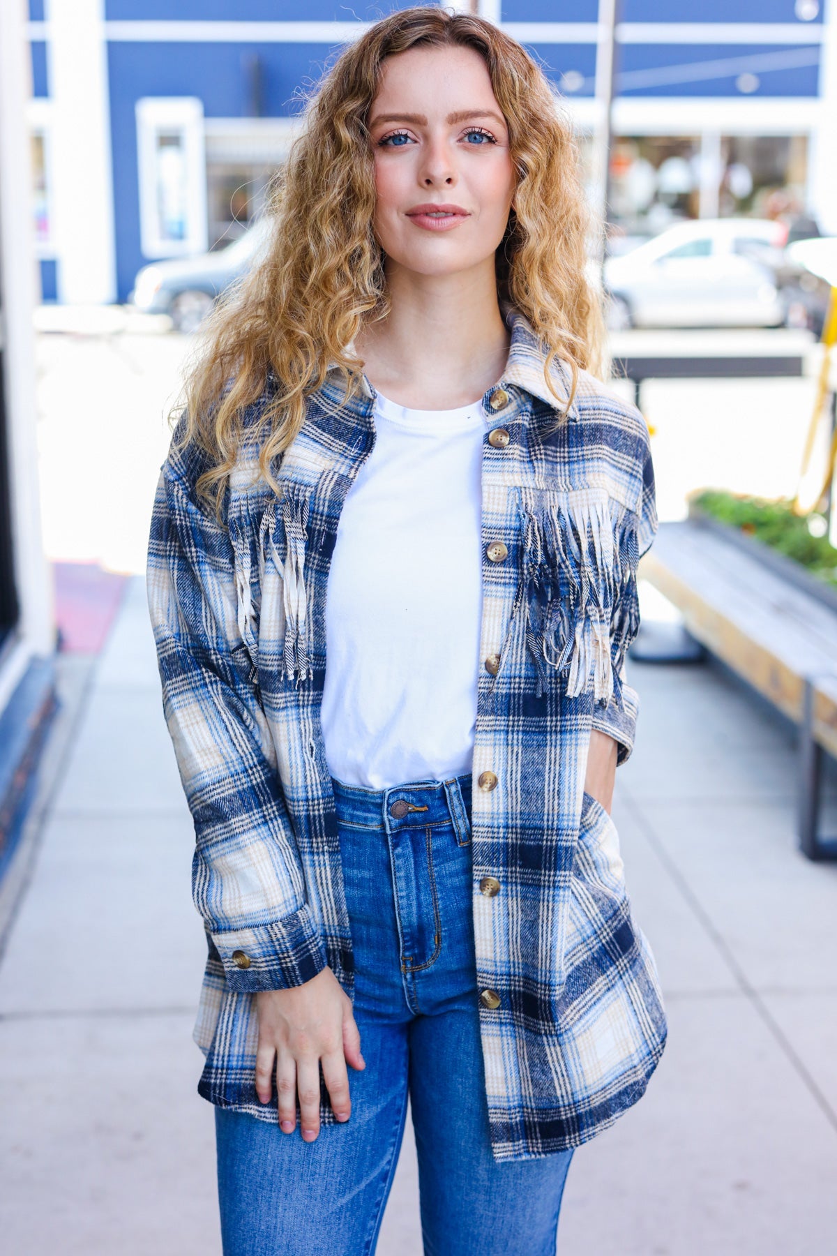 Boldly You Navy Plaid Fringe Button Down Shacket - Stylish Overshirt for Women | Fall & Winter Layering Essential | Perfect for Casual Outings, Workwear & Outdoor Adventures