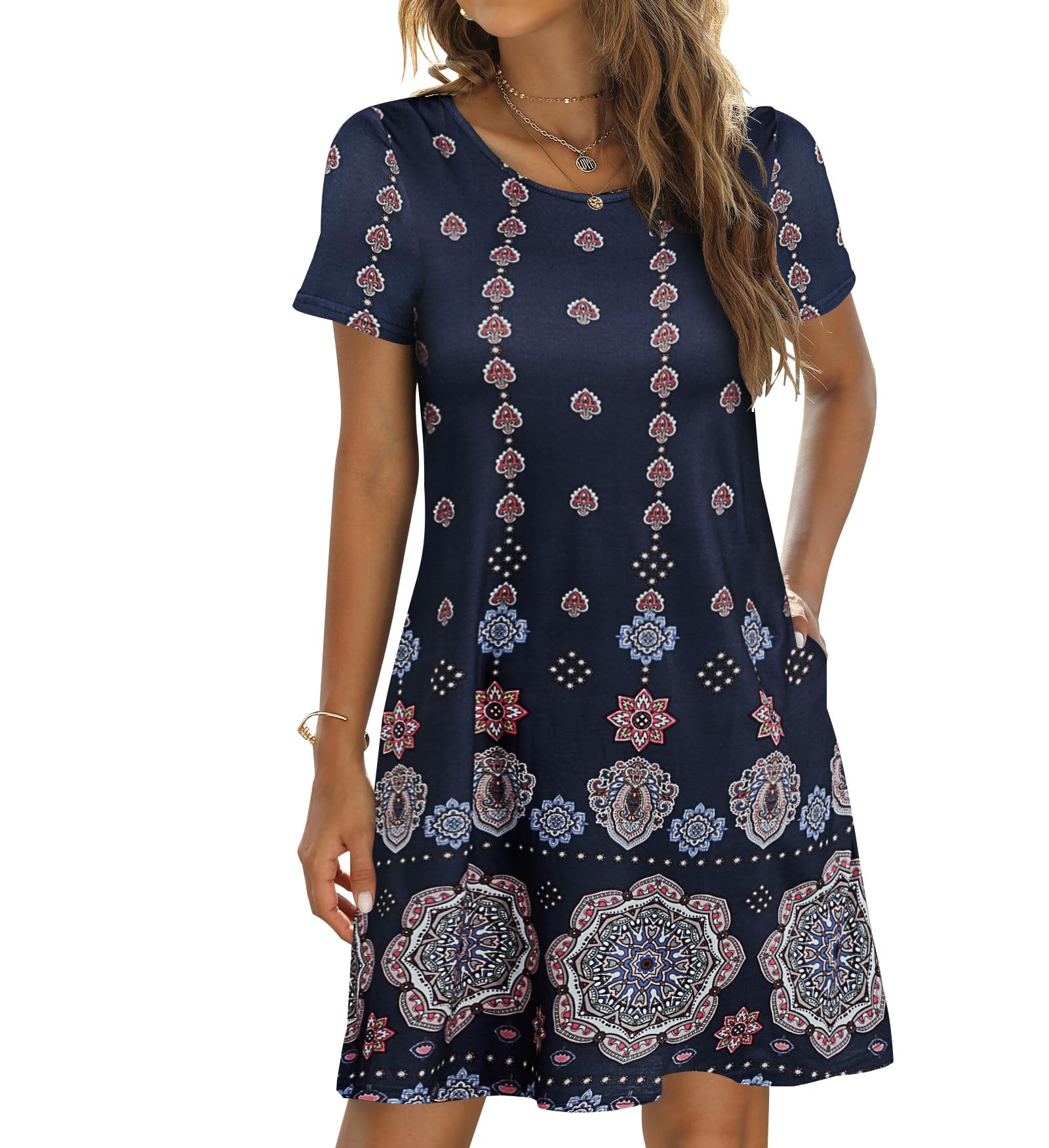 Sherosa Women's Summer Dresses 2025 - Boho Beach Sundress with Pockets, Short Sleeve Loose Fit Casual T-Shirt Dress for Vacation, Travel, and Outdoor Activities