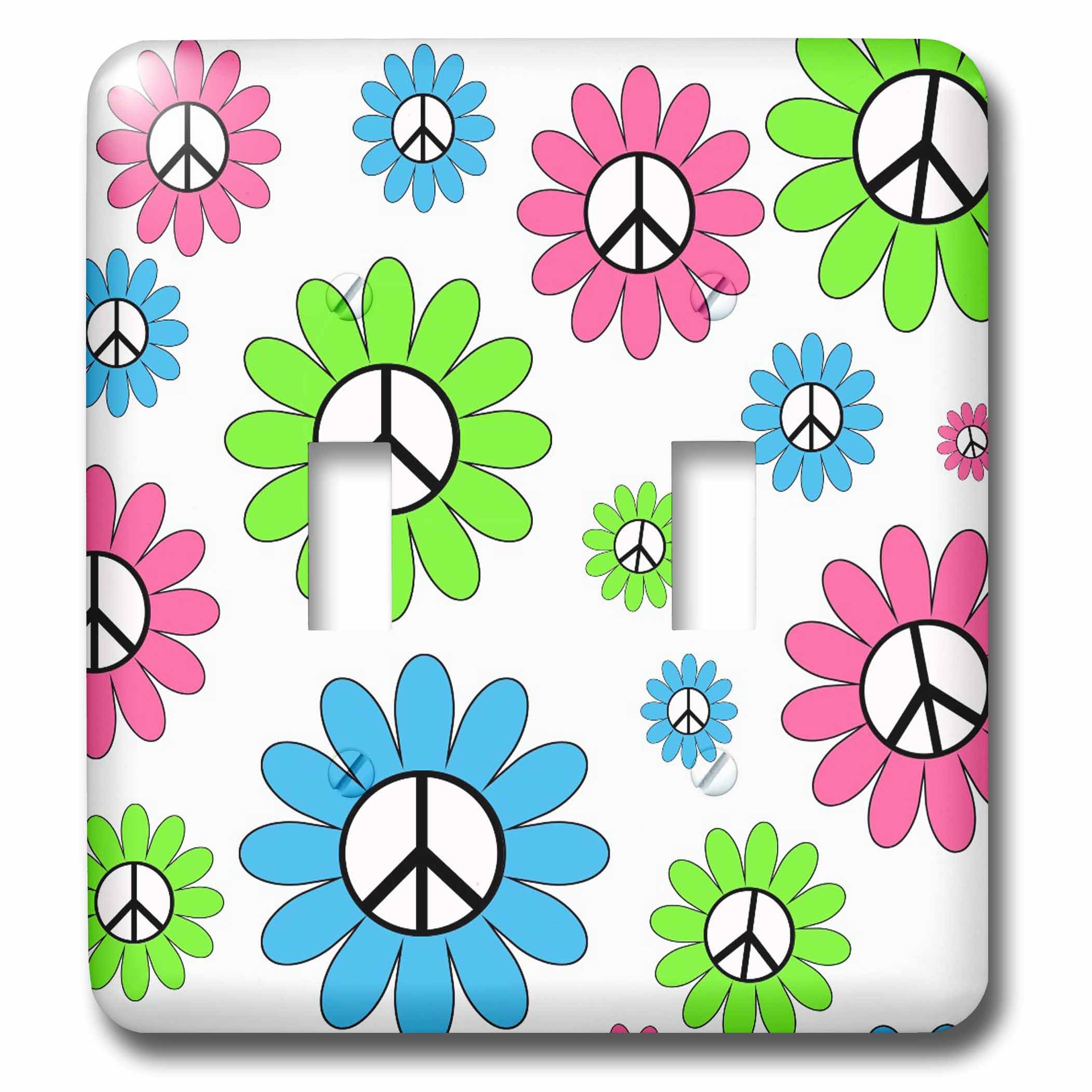 3D Rose Girly Pink Lime Blue Peace Sign Flowers Light Switch Cover - Decorative Wall Plate for Bedroom, Kids Room, Nursery & Home Decor