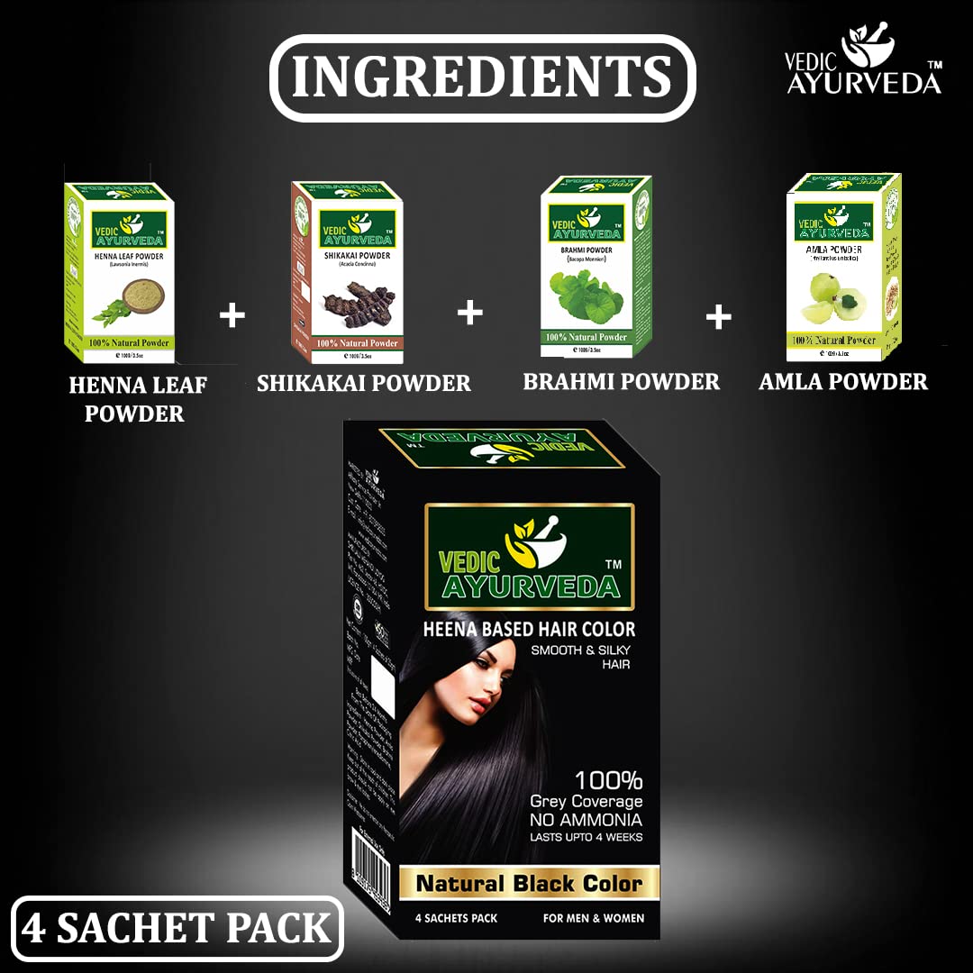 VedicAyurvedas Bio-Organic Natural Pure Henna Hair Color - 100% Gray Coverage, Ammonia-Free, Black Shade (4 Sachets) for Smooth Silky Hair | Safe Herbal Hair Dye for Women & Men | Perfect for Home Use, Salon Results, and Covering Gray Hair Naturally
