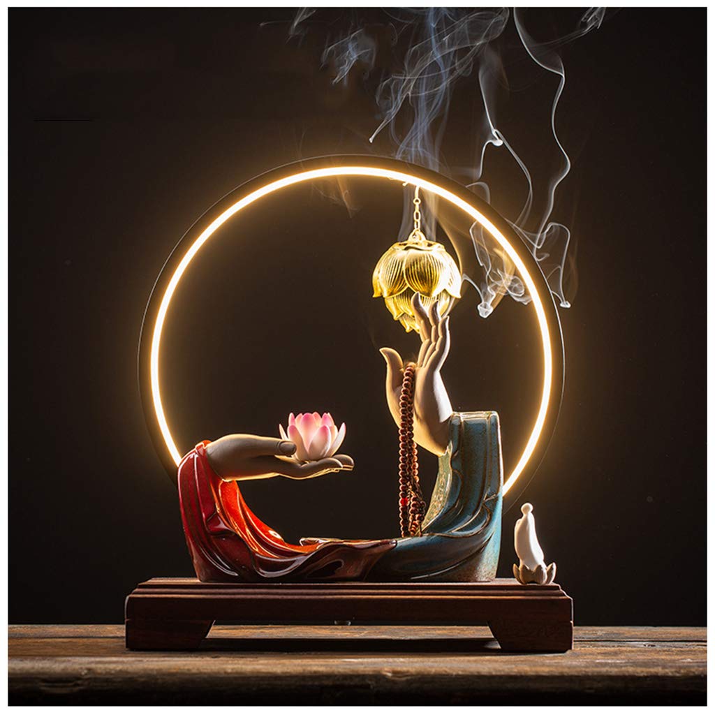 Ceramic Backflow Incense Burner with LED Light - Lotus Design Aromatherapy Diffuser for Home, Office, Meditation & Yoga Decor - Perfect for Relaxation, Feng Shui & Spiritual Spaces