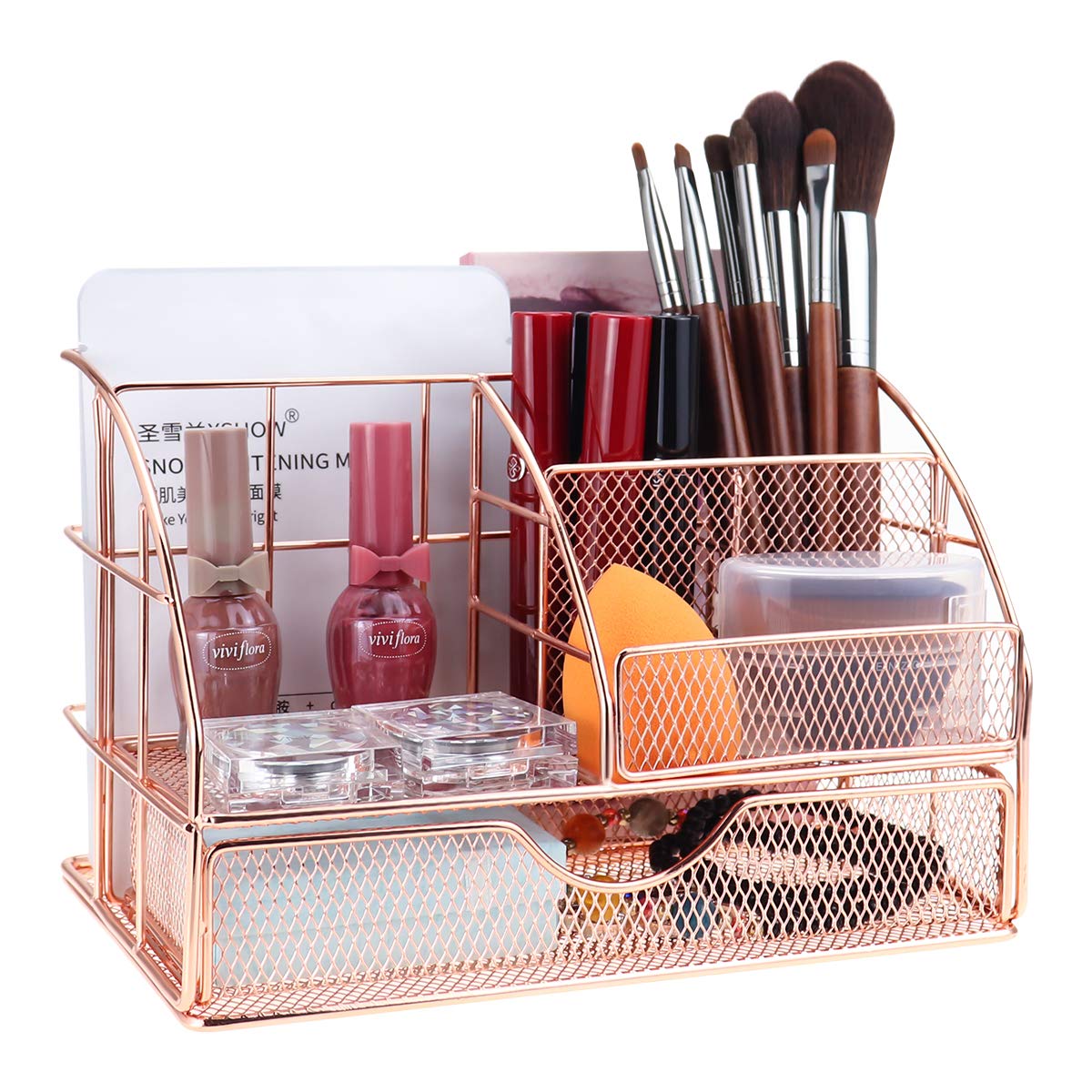 Premium Rose Gold Metal Desk Organizer - All-in-One Office Supplies with Drawer, Pen Holder, Sticky Note & Mail Sorter - Perfect for Home Office, Workspace & School Organization